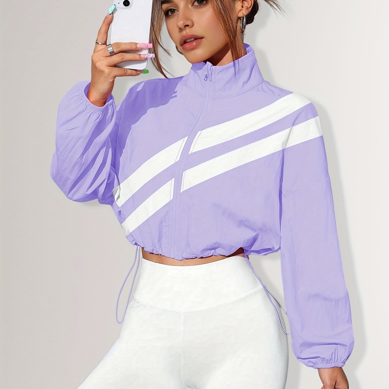 E-shop Modische Sportjacke mit Stehkragen Reißverschluss, Kordelzug am Saum – Ideal für Laufen, Sport, Einkaufen