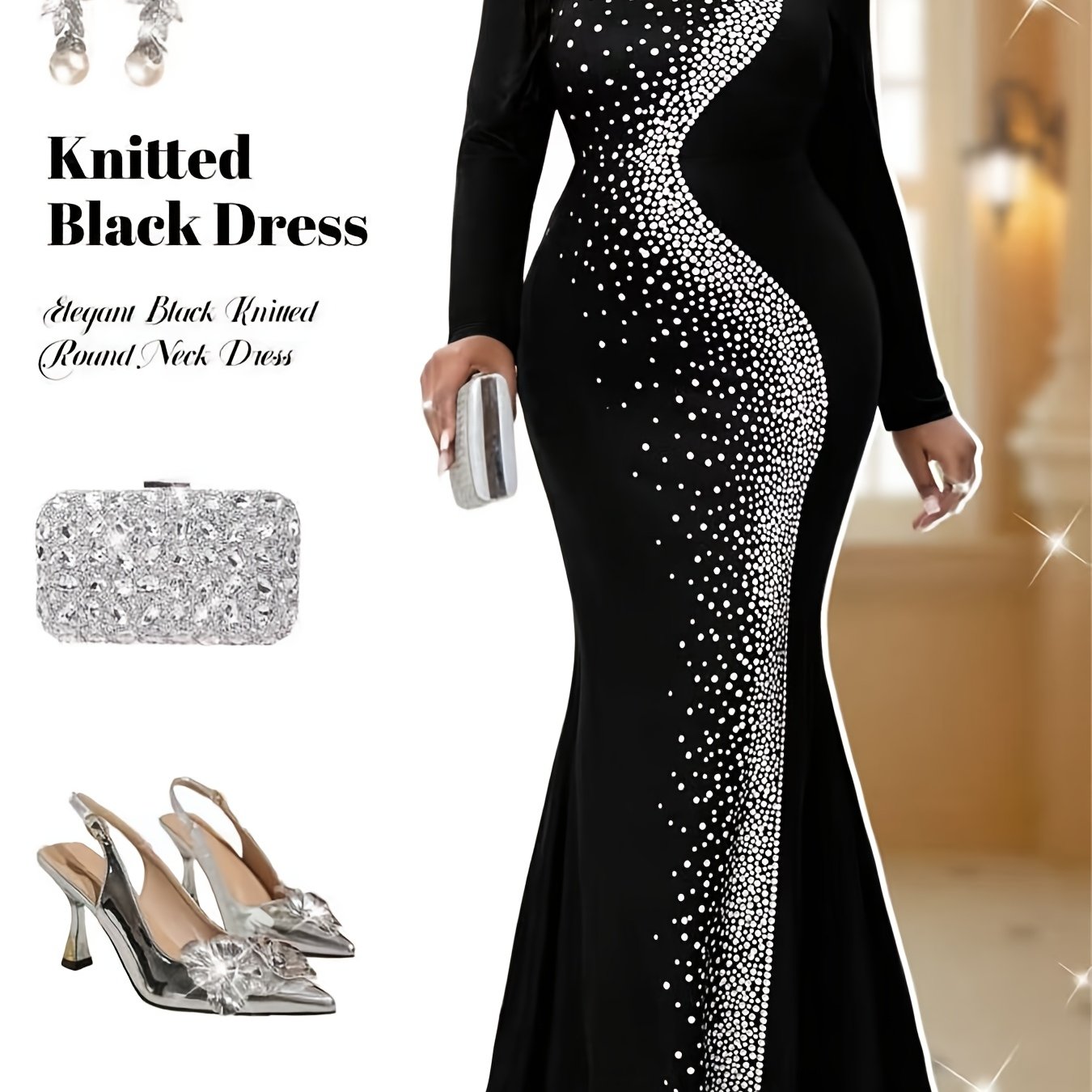E-shop Festliches Partykleid mit schwarz-weißem Farbverlauf, Strassimitat-Polka-Dot-Druck, V-Ausschnitt, langen Ärmeln, schmaler Passform, elegantes