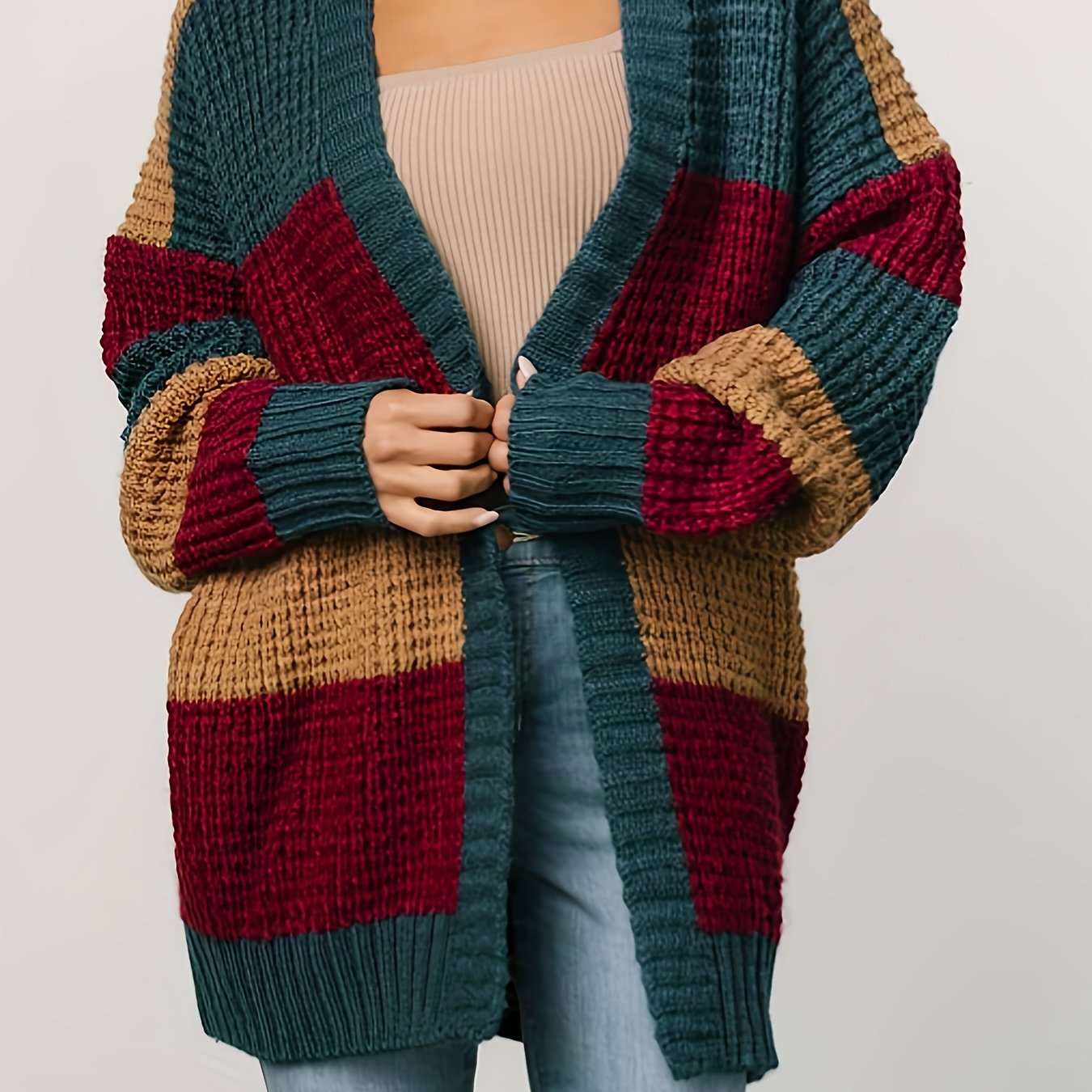 Plus Size, Women's Plus Size Autumn/winter Striped Design Cardigan Coat