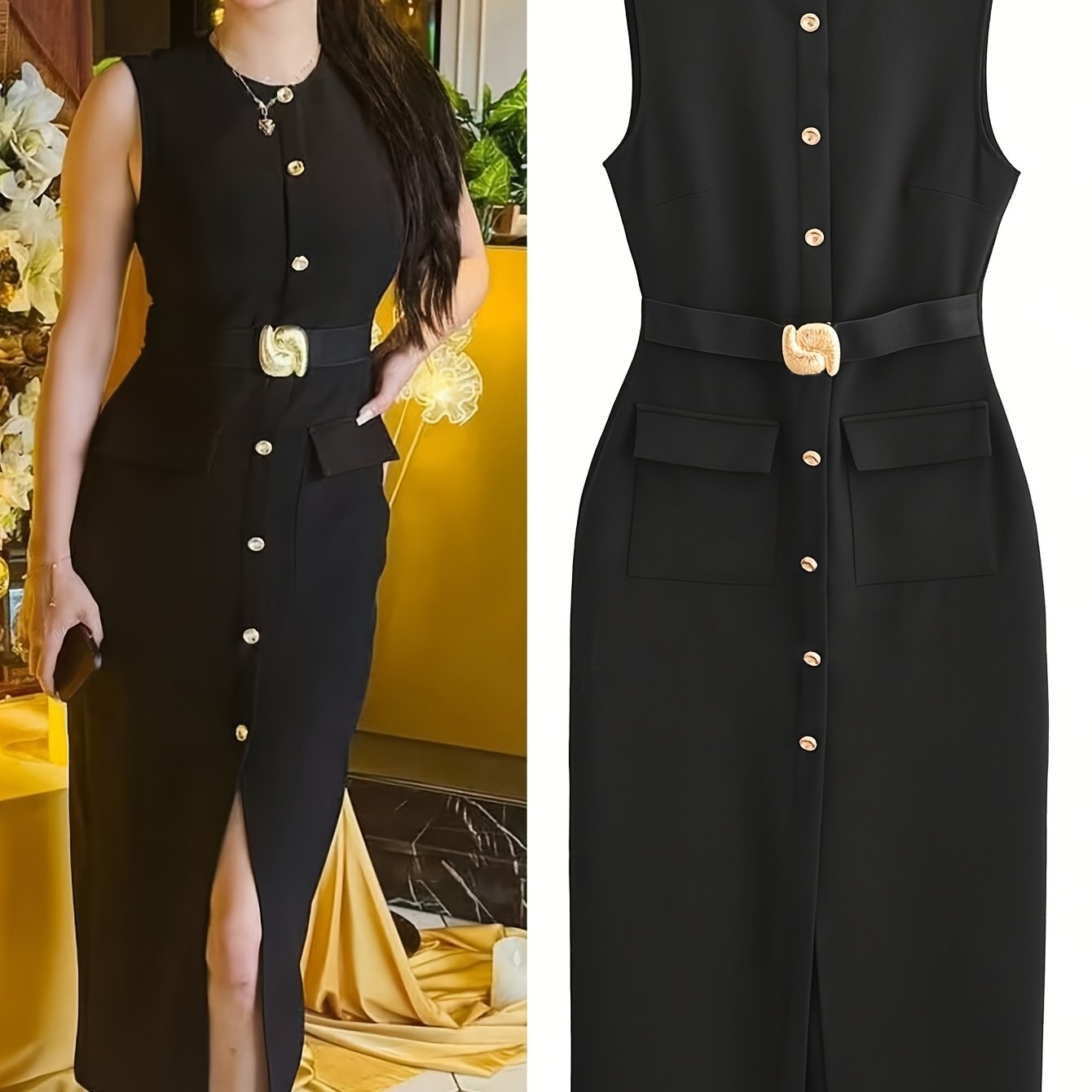 Casual Fashion Sleeveless Round Neck Solid Color Waist-cinching Dress