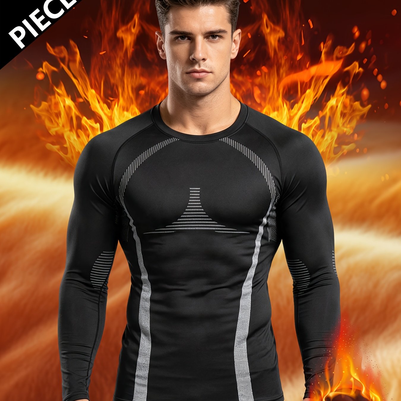 TEMU Print Long Sleeve Autumn Winter Fleece Ski Base Layer Sports Top Men's Running Gym Clothing Autumn Winter Warm Fleece Tight Gear Ski Training
