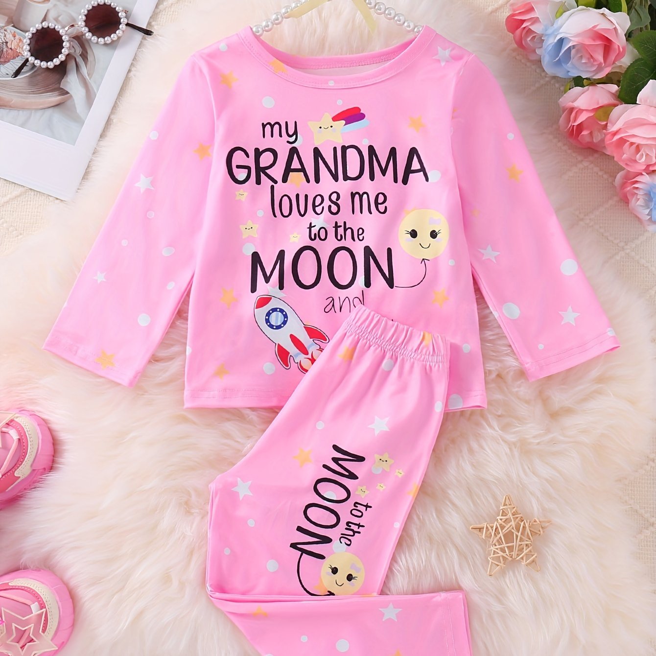 Girls Slogan+stars Print Pajama Set