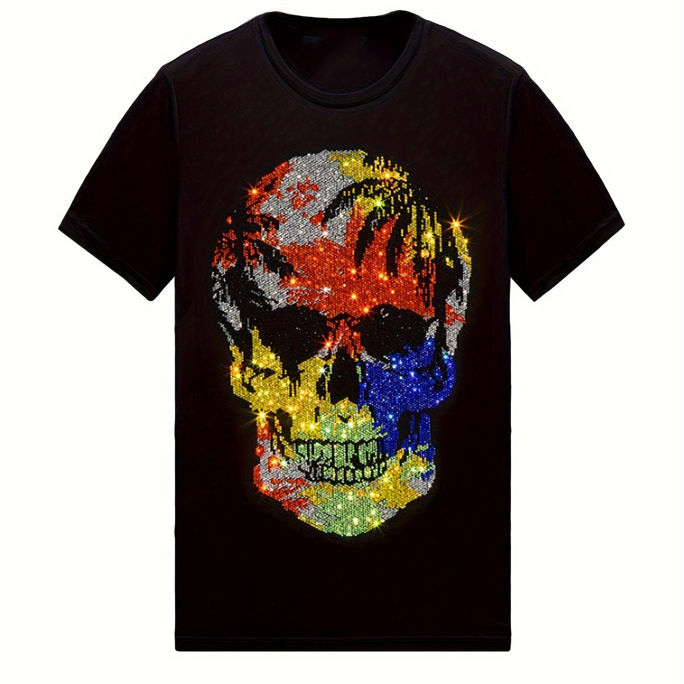 Mens Womens Rhinestone Tshirts Bling Skull Halloween Graphic Short Sleeve Tees