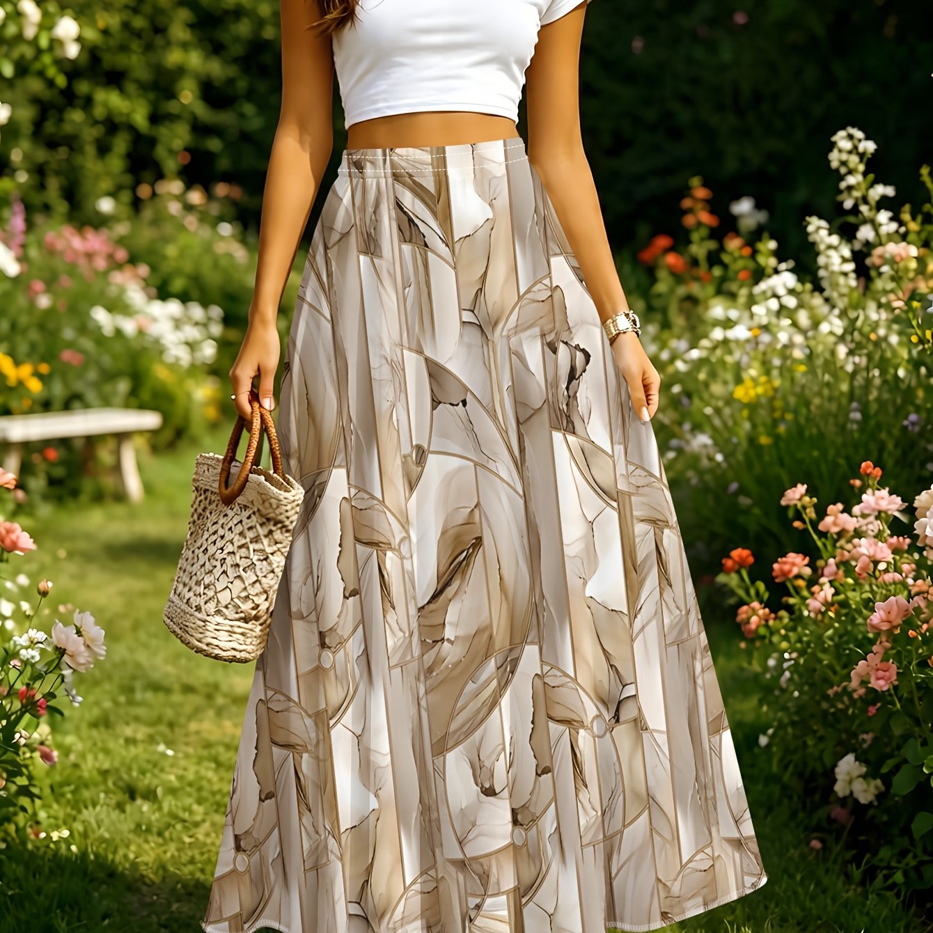 TEMU Beige Abstract Geometric Print Skirt, Summer Casual