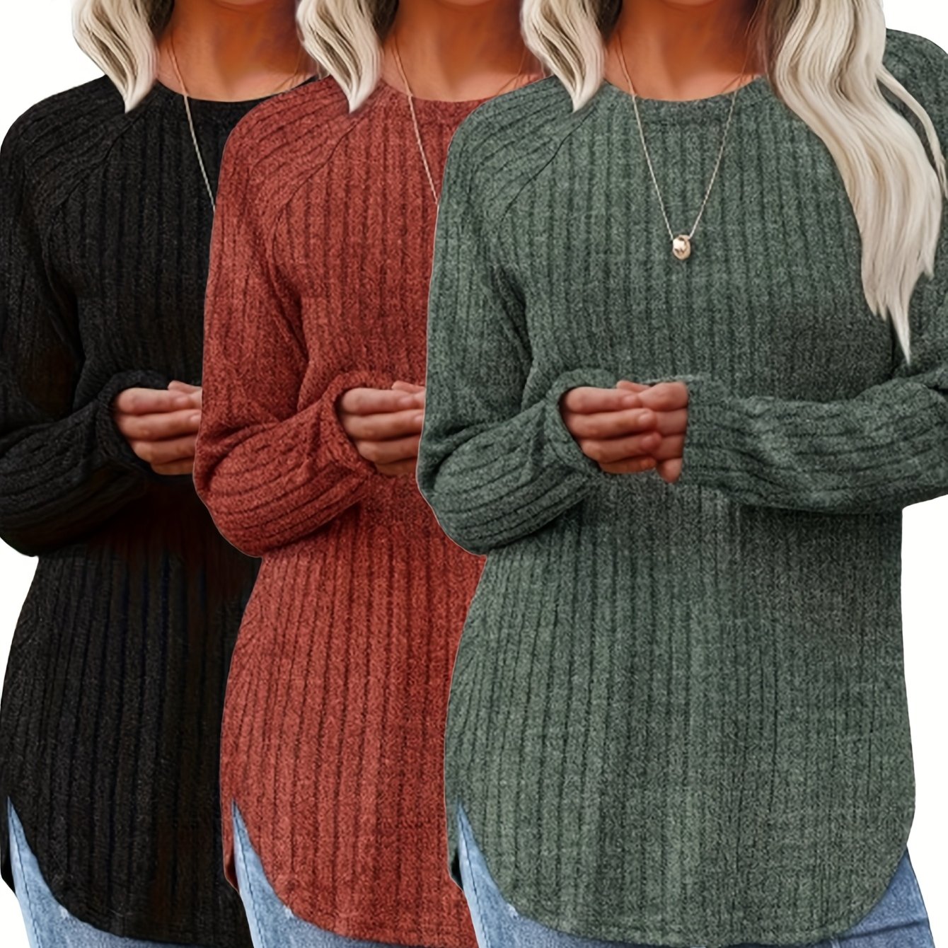 TEMU Ensemble de 3 hauts tendance pour femme, style automne/hiver, pull ample et élégant à manches longues et col rond