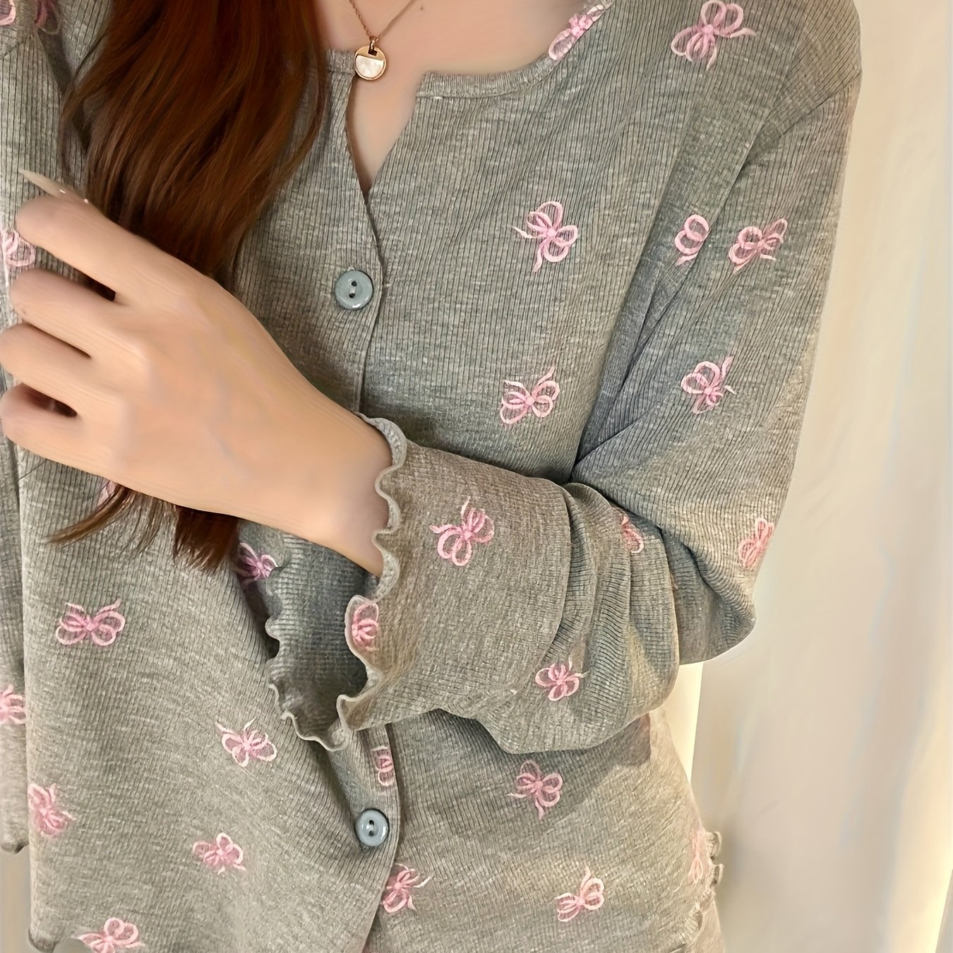 E-shop Koreanischer Stil Süßes Schleifen-Print Pyjama-Set für Damen, Frühling/Herbst Rundhals-Cardigan mit Langen Ärmeln Hose
