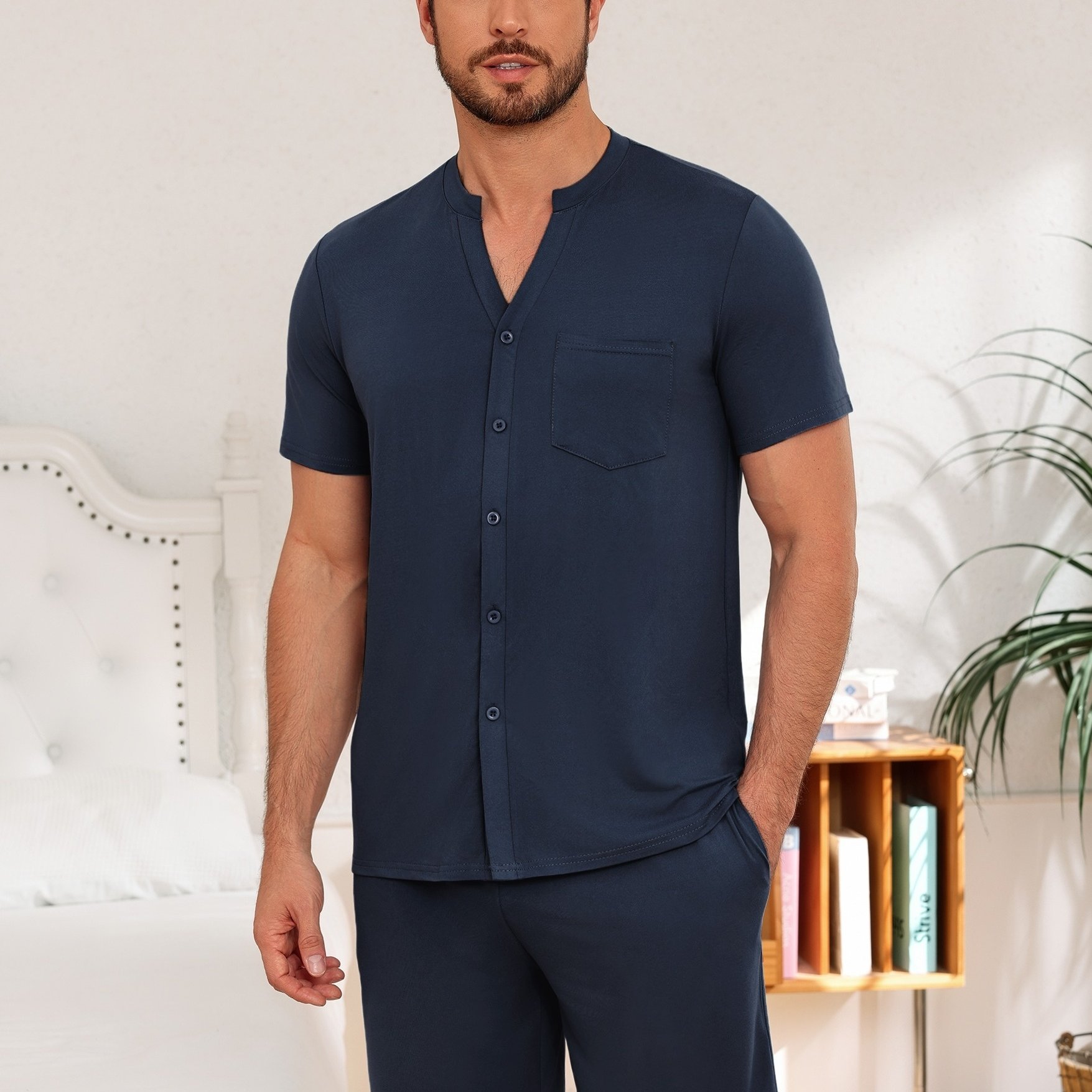 Men's Short-sleeve Cotton Pajamas With Button , Shorty Pajamas, Summer, Short-sleeve Loungewear