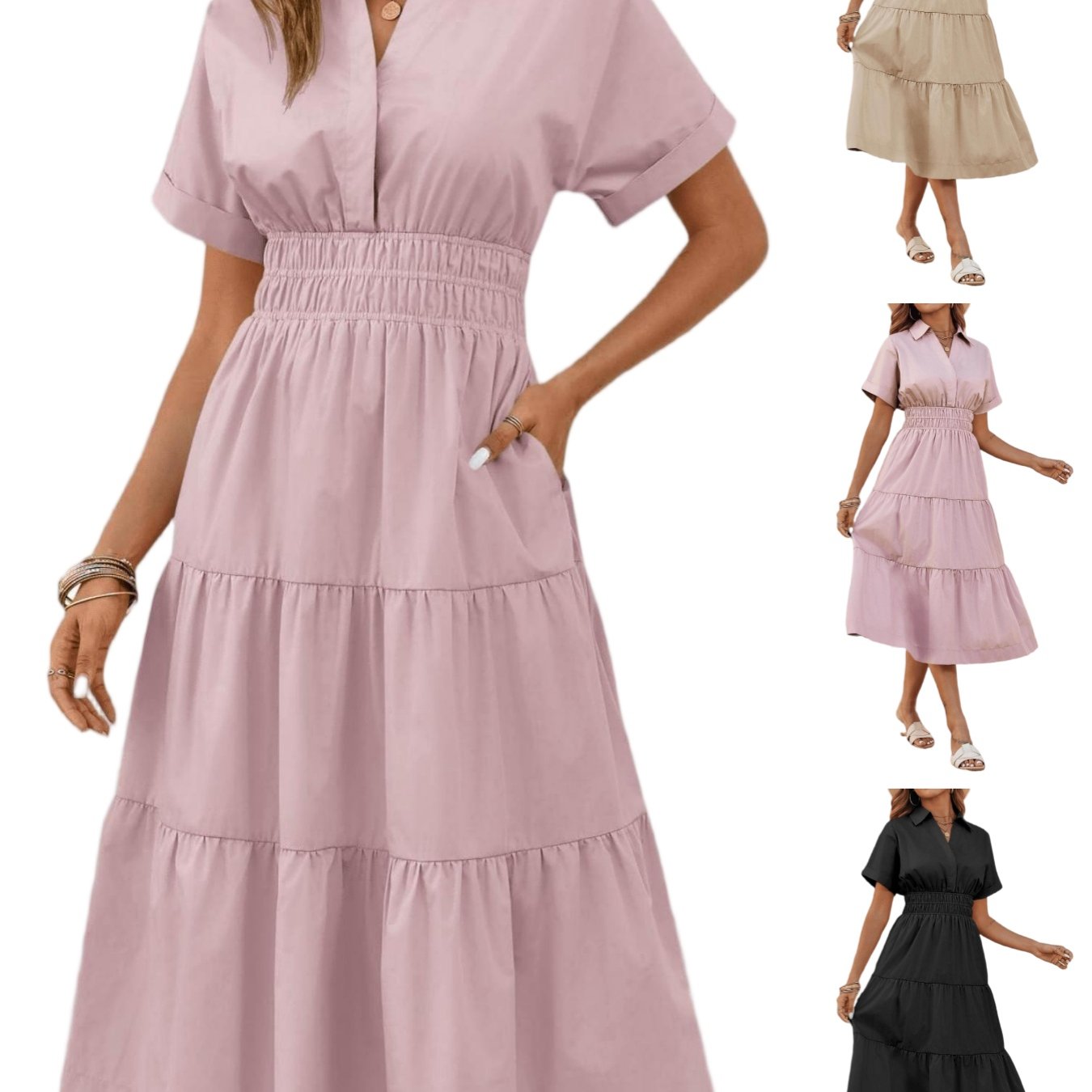 Image of Women's Daily Summer Loose Flowy Tiered Maxi Dress Casual V Neck Smocked Short Sleeve Shirt Dress With Pockets