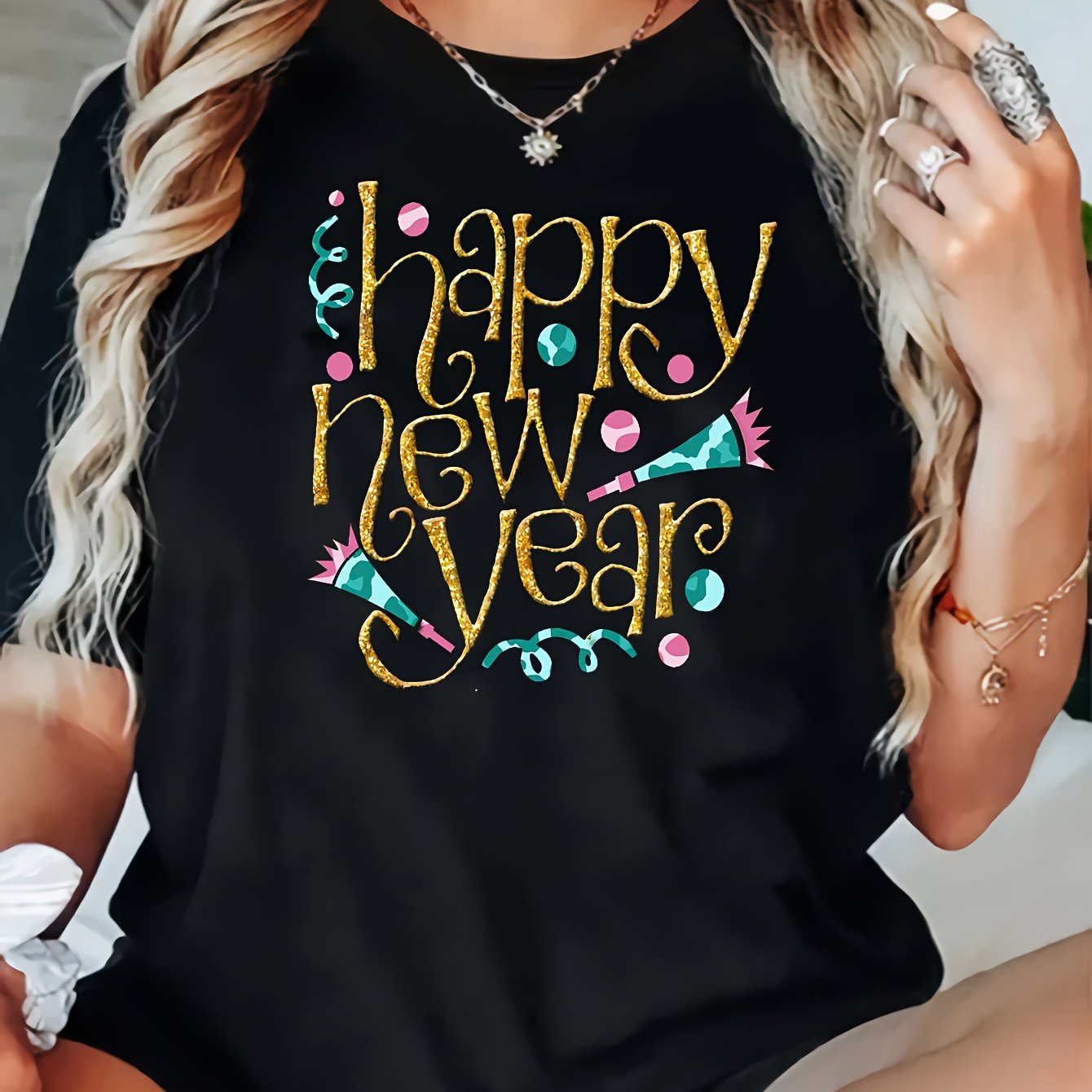 TEMU Plus Size, Women's Plus Size Happy New Year Print T-shirt - Short Sleeve Crew Neck Casual Summer Blouse With New Year's Eve Outfit, Comfortable