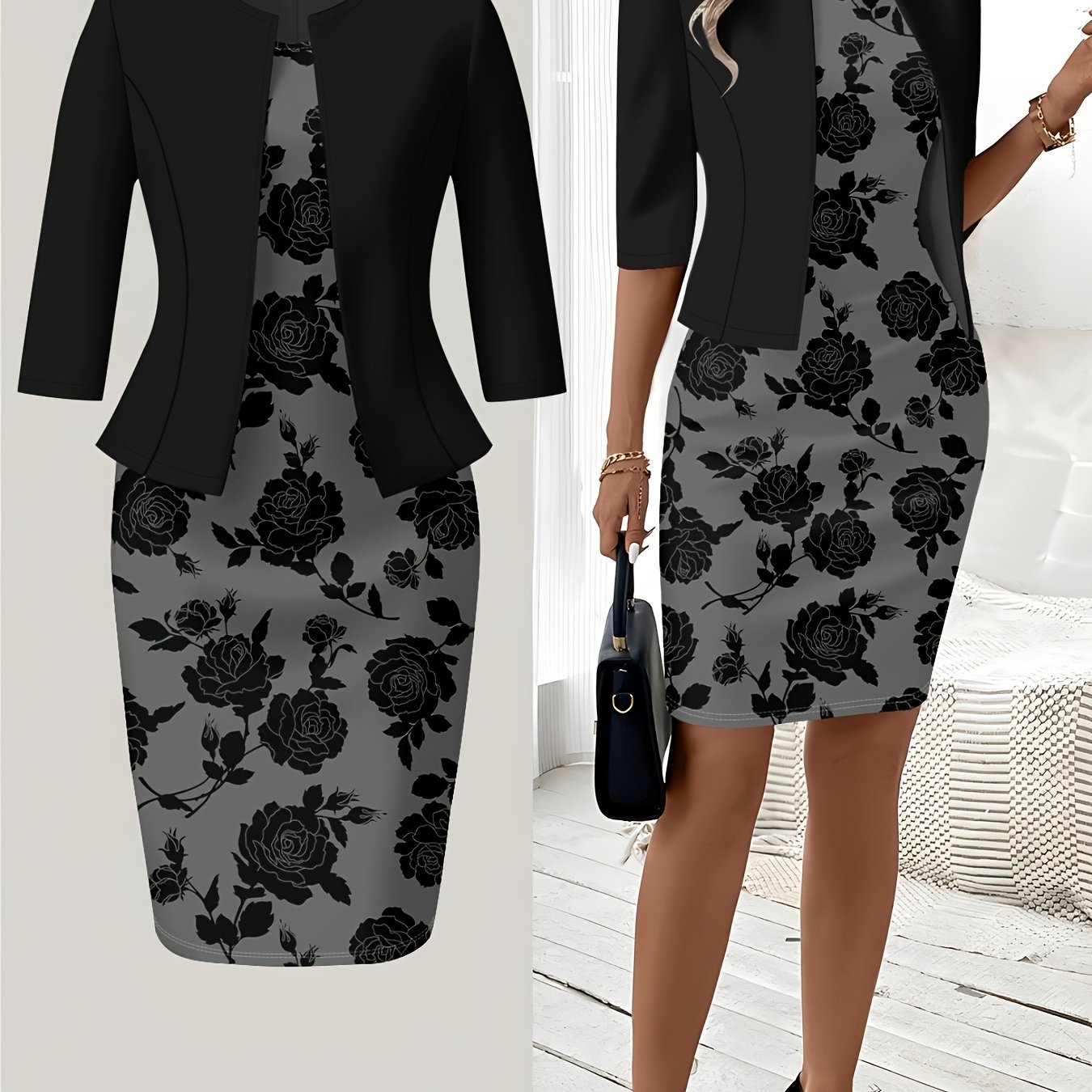 TEMU Qc Autumn/winter Black Rose Print Dress Set
