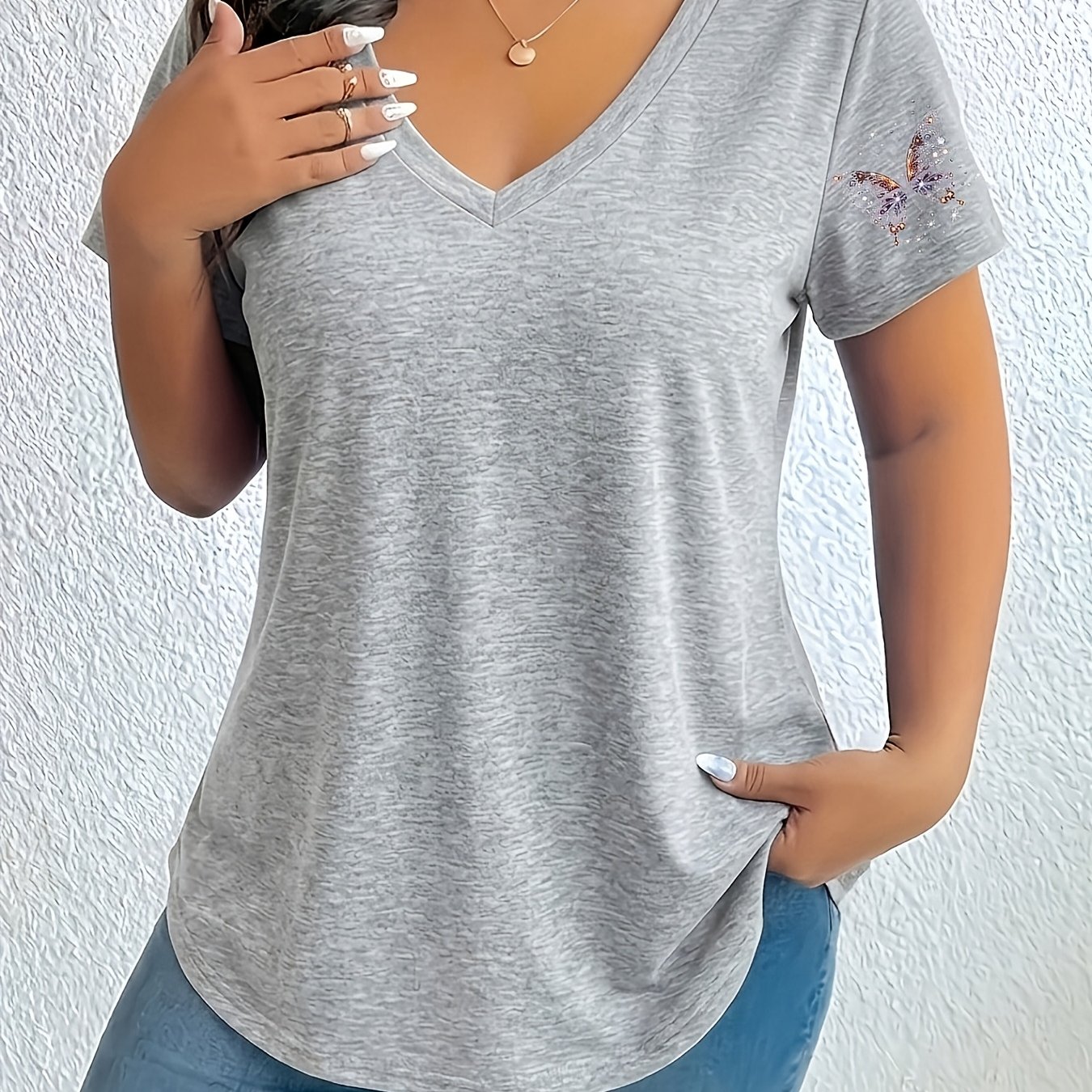 TEMU Plus Size, Plus-size Women's Elegant V-neck T-shirt - Solid Color & Geometric Patterns Suitable For Spring/summer, Non- Blouse-compatible ,