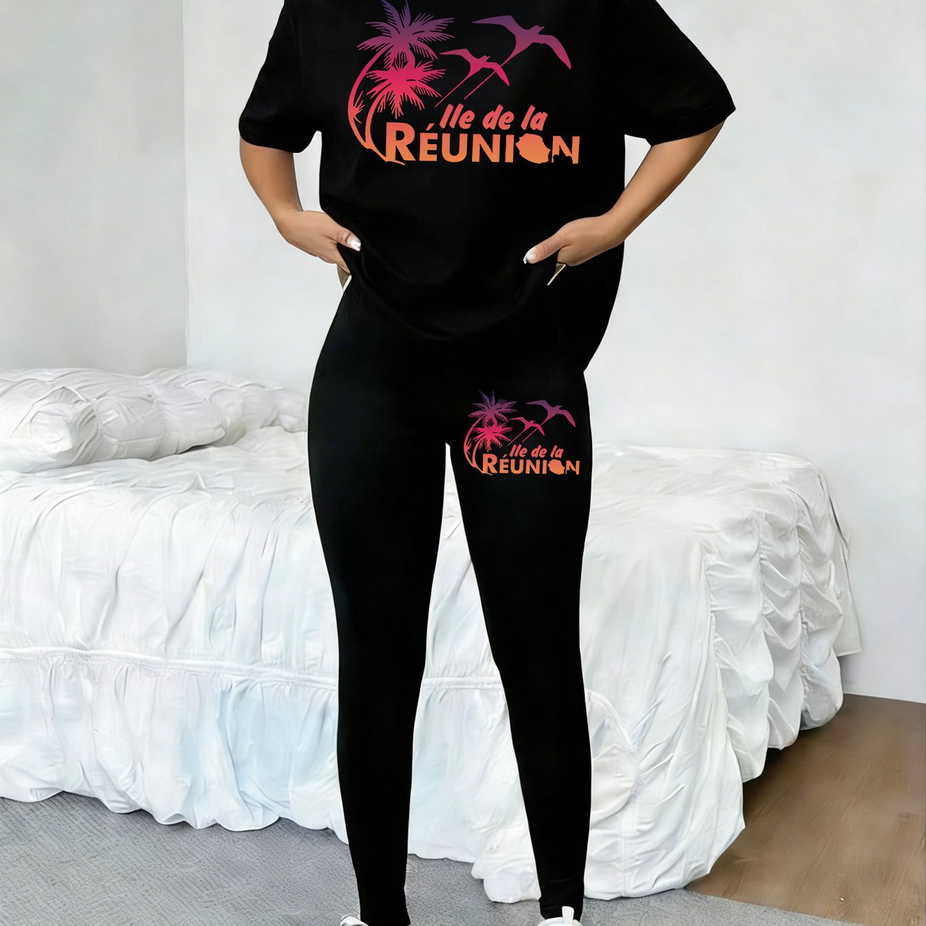 TEMU Ensemble Pièces Femme T-Shirt à Manches Courtes et Pantalon Décontracté Col Rond, Costume Femme avec Motif Dégradé Palmier Coco Île de La ,