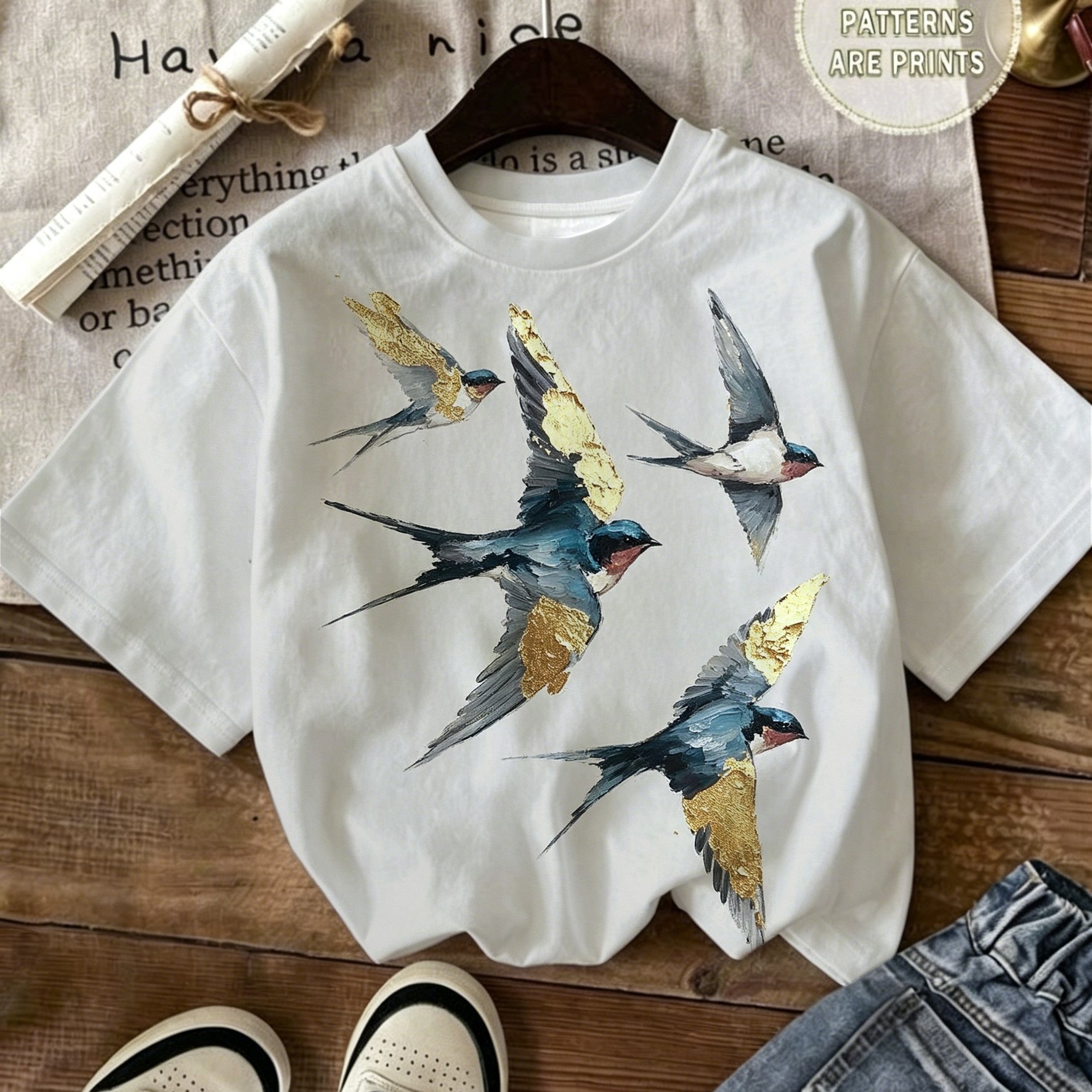 TEMU Textured Oil Painting Swallow Print Short Sleeve T-shirt Women' Front Back Printed Literary Style Loose Round Neck Top