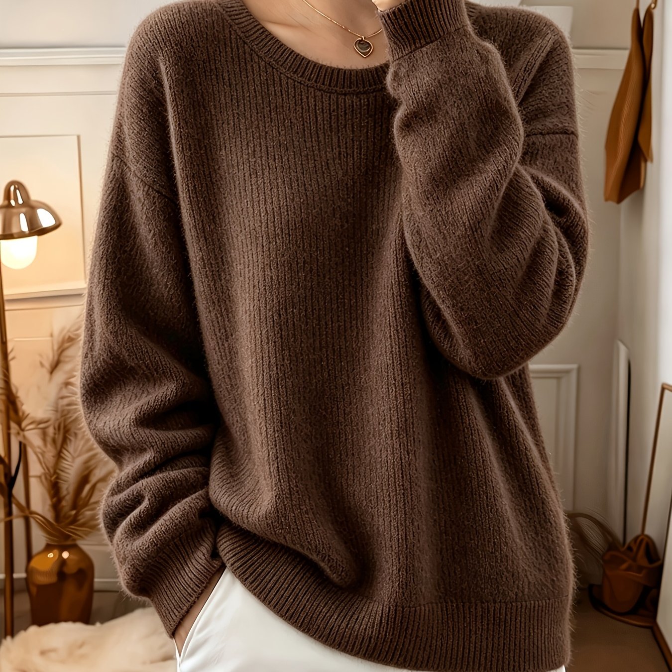 TEMU Plus Size - Damenmode in großen Größen für Herbst und Winter, einfarbiges Top, lässiger, vielseitiger Langarm-Pullover, bequemer Pullover,
