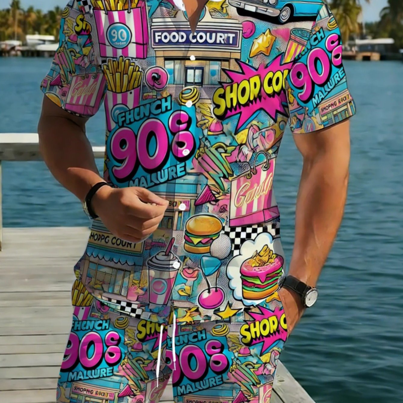 TEMU 2[printed Design Not Textured]men's 90s Themed Polyester Short Sleeve Shirt And Pants Set, Vibrant Retro Print, Lightweight Comfortable Outfit