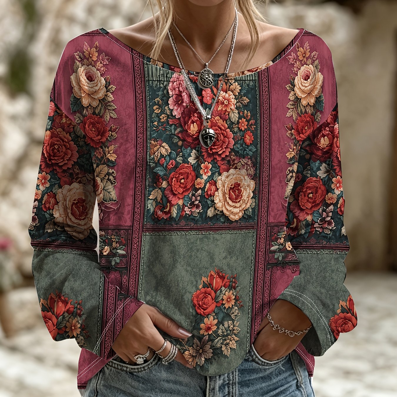 TEMU Plus Size - High Neck 's Blouse, Burgundy Dark Green Style With European Retro Rose Floral Border Printed Flared Long Sleeve Top