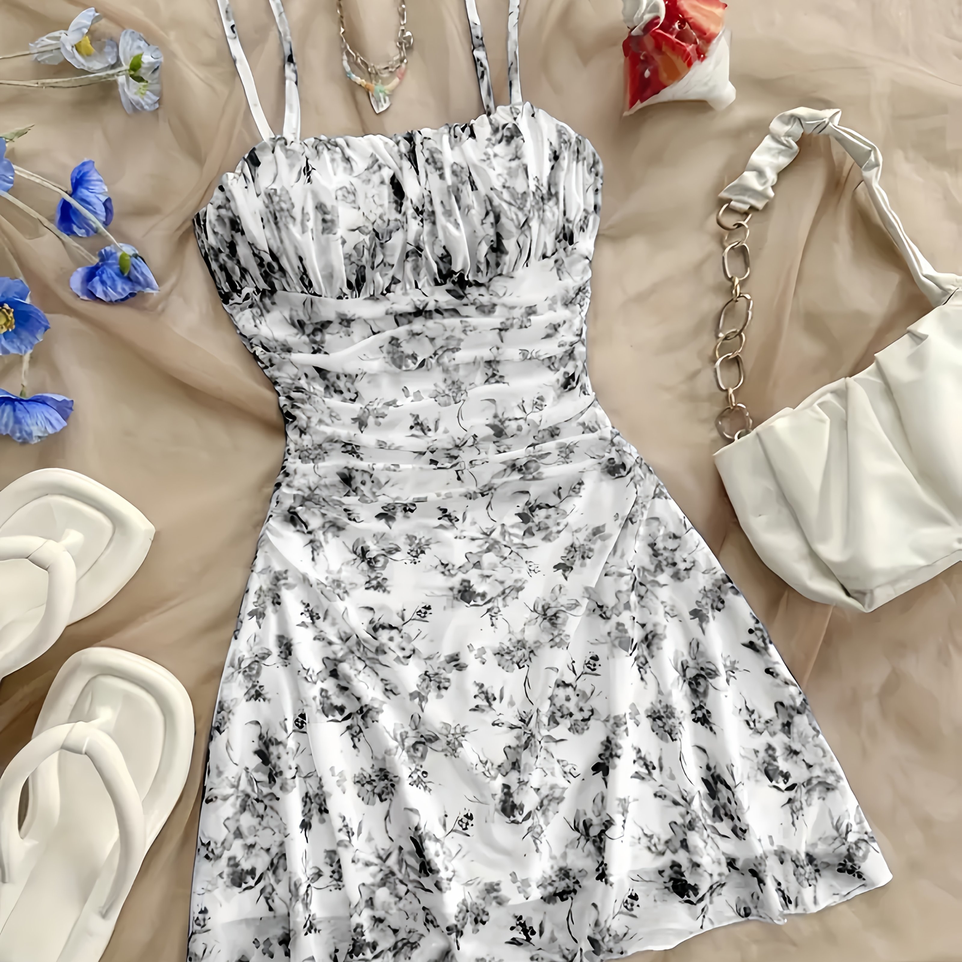 TEMU Westlicher Neuer Weihnachts- und Valentinstags-Französischer Blumen-Cami-Kleid 2025 Sommer Neues Modisches Sexy Taillenbetonender Po-Short Rock
