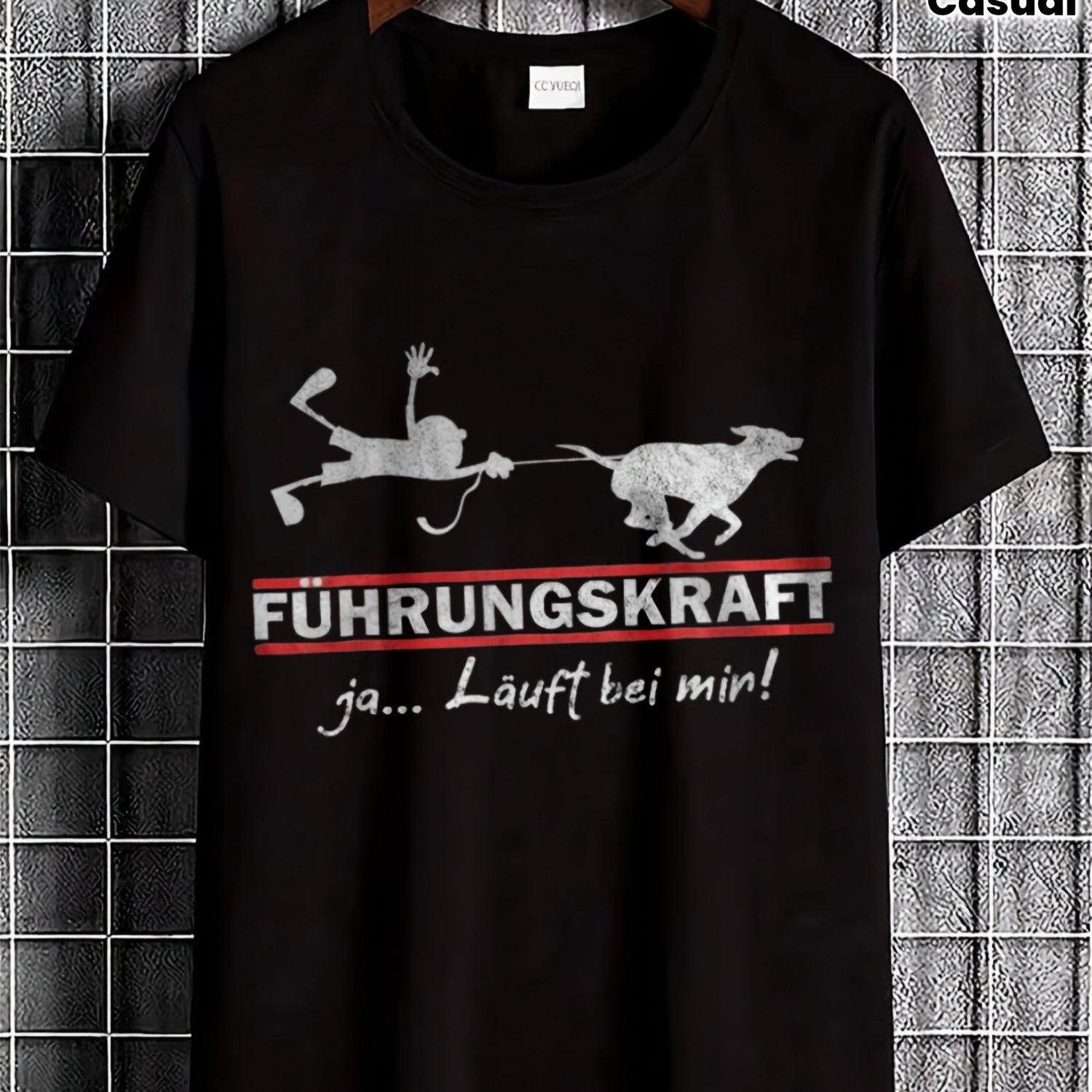 Black T Shirt With Dog Pulling For Man Graphic And Fuehrungskraft Text For Casual Wear Plus Size, Plus Size