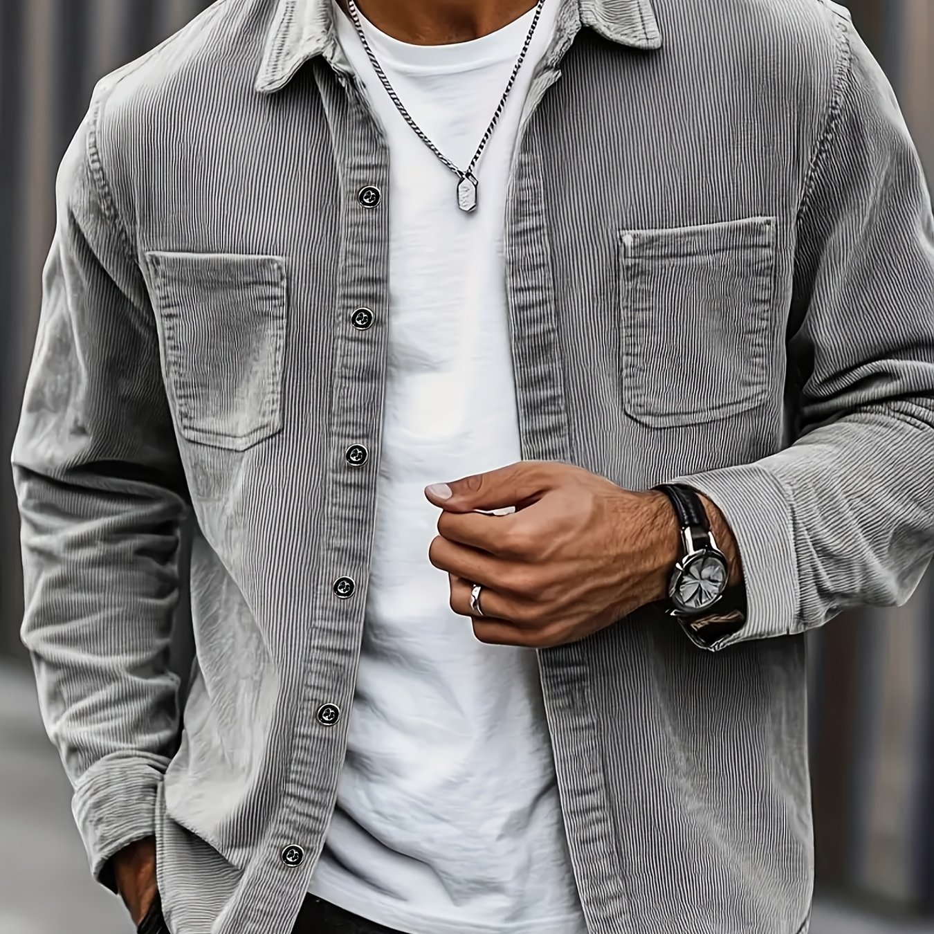 TEMU 2026 Men's New Corduroy Shirt For Spring And Autumn, Loose Casual Long-sleeved Jacket, Workwear Double-pocket Shirt