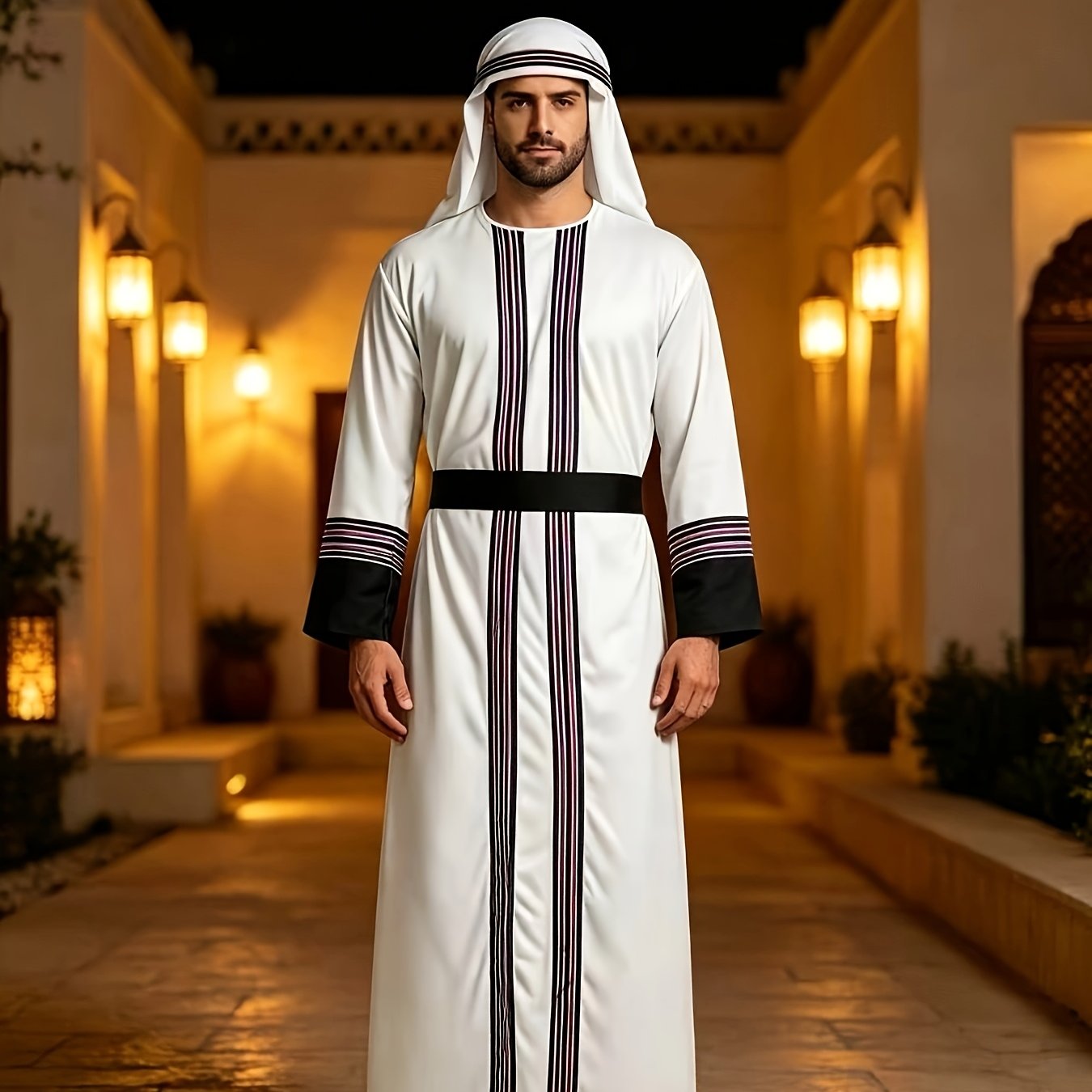 TEMU Costume de arabe pour homme, ensemble de robe et de foulard à rayures blanches et violettes, tenue de cosplay de prince de Dubaï du Moyen-, robe