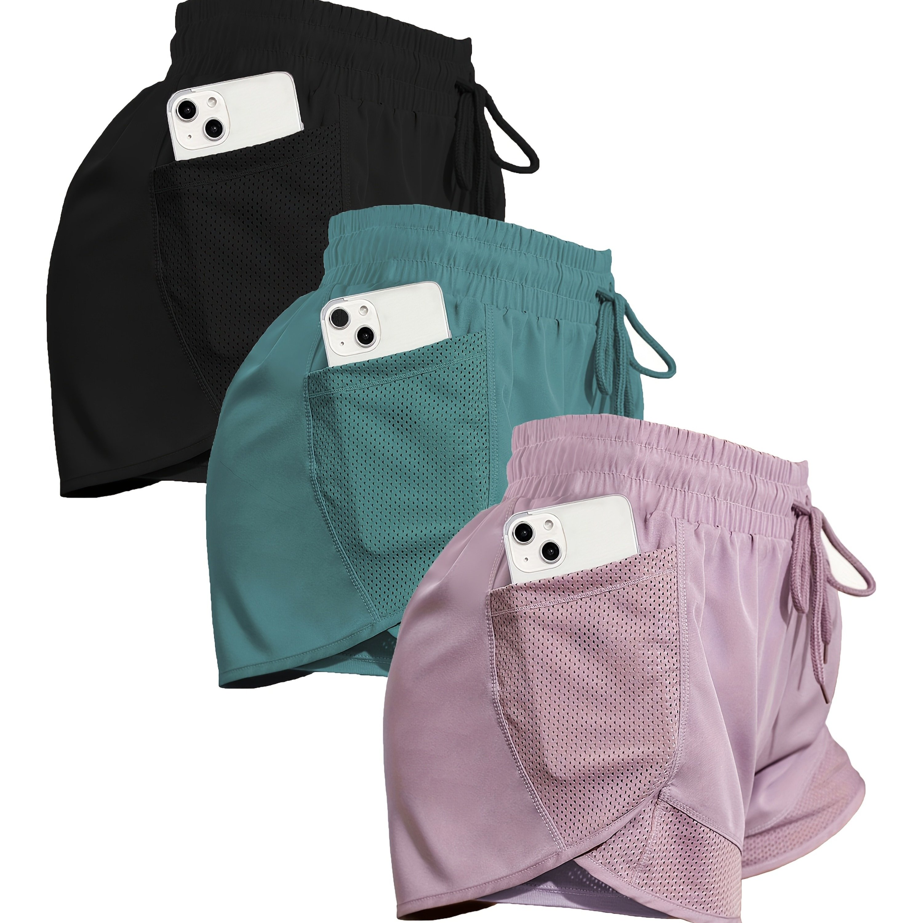 Women's 3pcs Athletic Tennis Shorts Set - Comfortable With Pockets, Breathable, Suitable For Running, Tennis, And Gymnastics