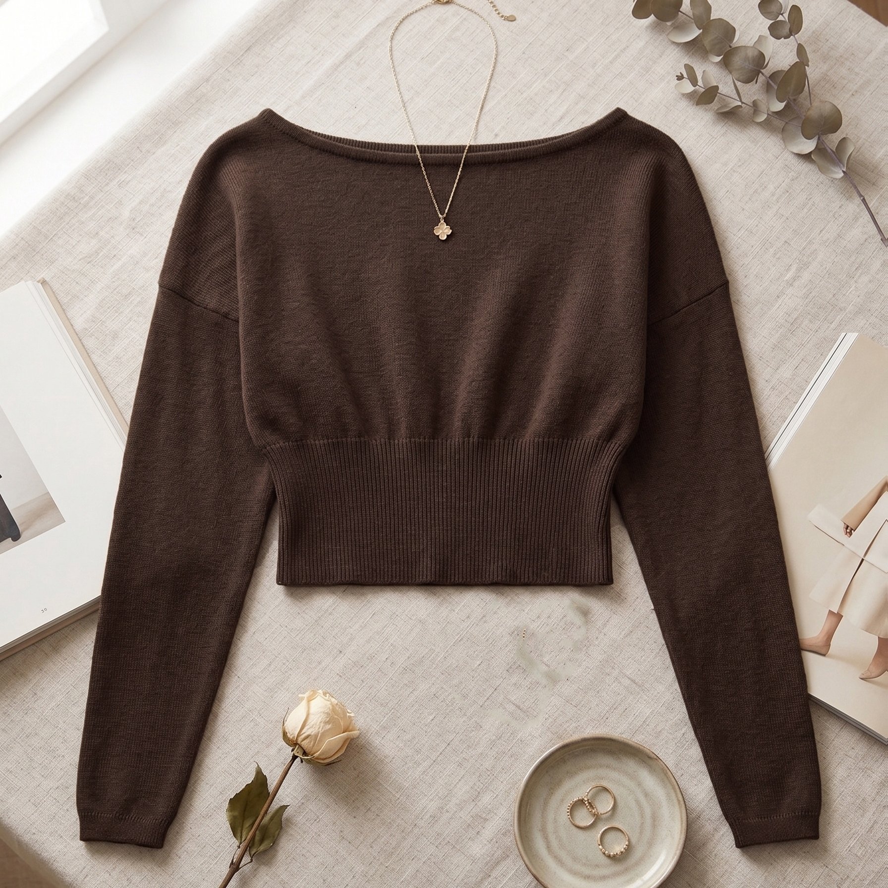 TEMU Straight Collar Sweater Off-shoulder Waist-cinching Long Sleeve Pullover Sweater Wide Ribbed Short Top Women