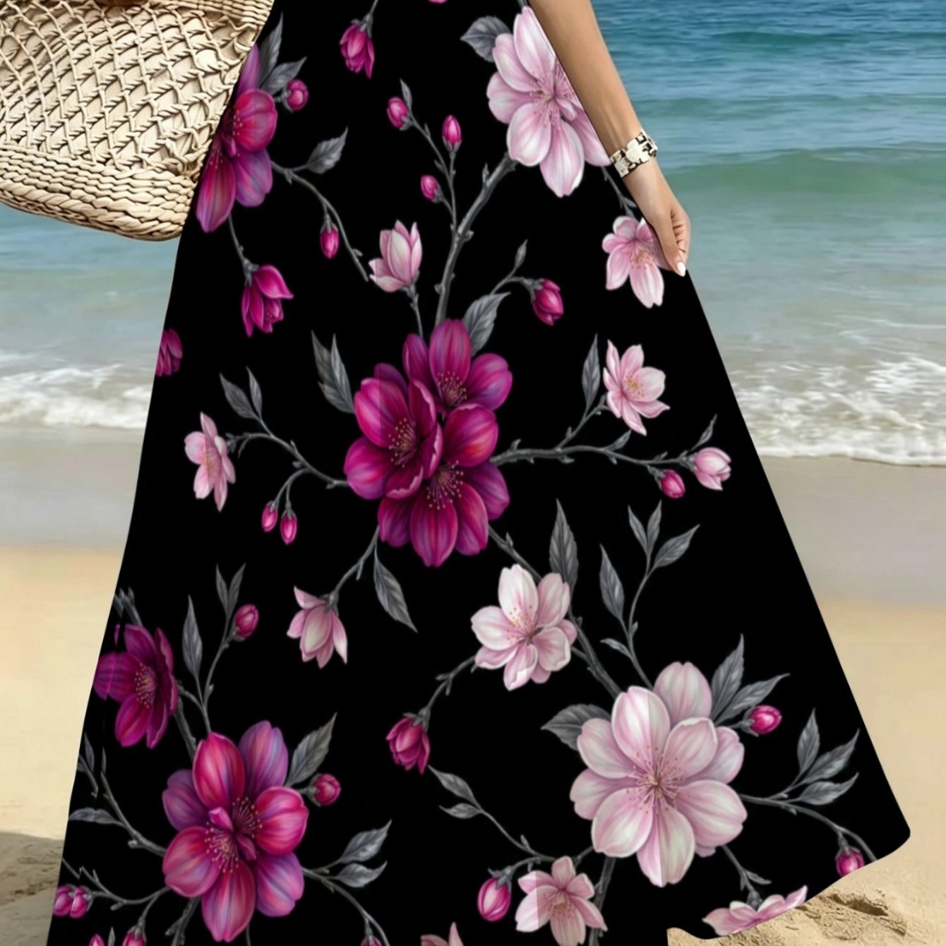 TEMU Lianyaoshi [printed Design Not Textured] Floral Print Black Maxi Skirt For Women Lightweight, Flowy Beach Resort Wear, Perfect For Summer