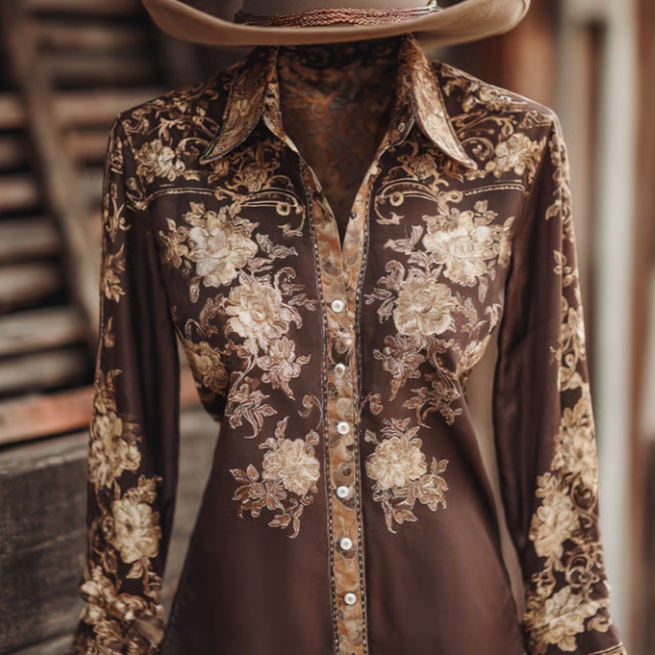 TEMU Women's Western Style Retro Floral And Paisley Print Long Sleeve Shirt Jacket - Brown/beige/khaki, White Trimmed Collar, Button-up Casual Jacket
