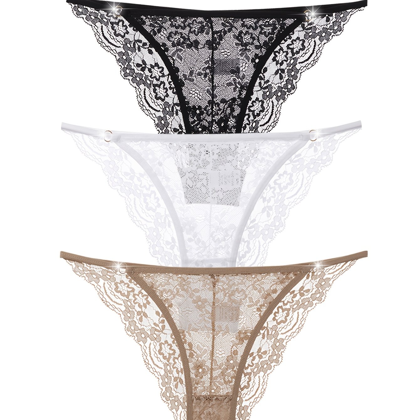 E-shop 3er-Set Damen Spitzenunterwäsche – Niedrig geschnittene Bikini-Slips (Schwarz/Weiß/) – Halbtransparente Mesh-Slips mit zarter Spitze für Casual