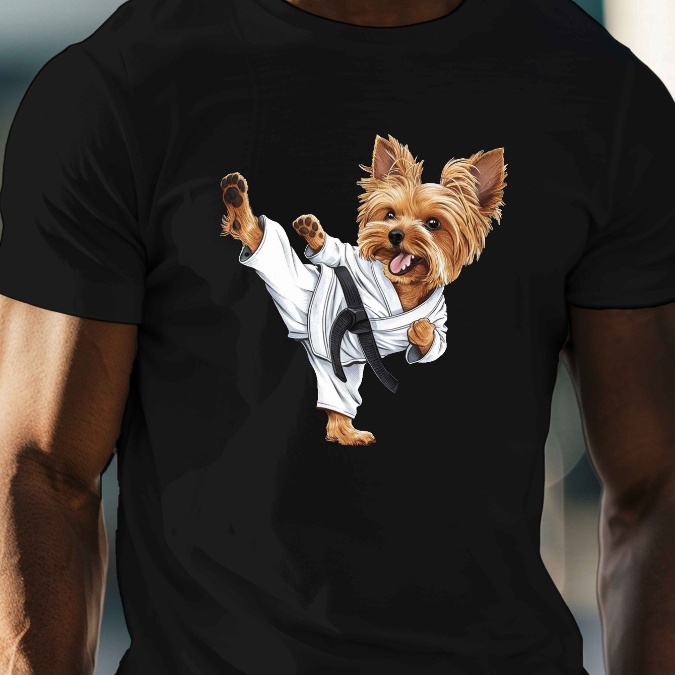 TEMU Men's Yorkshire Terrier Martial Arts T-shirt, Casual Crew Neck Short Sleeve Tee, 100% Polyester Knit Fabric, Stretch, Regular Fit, Summer