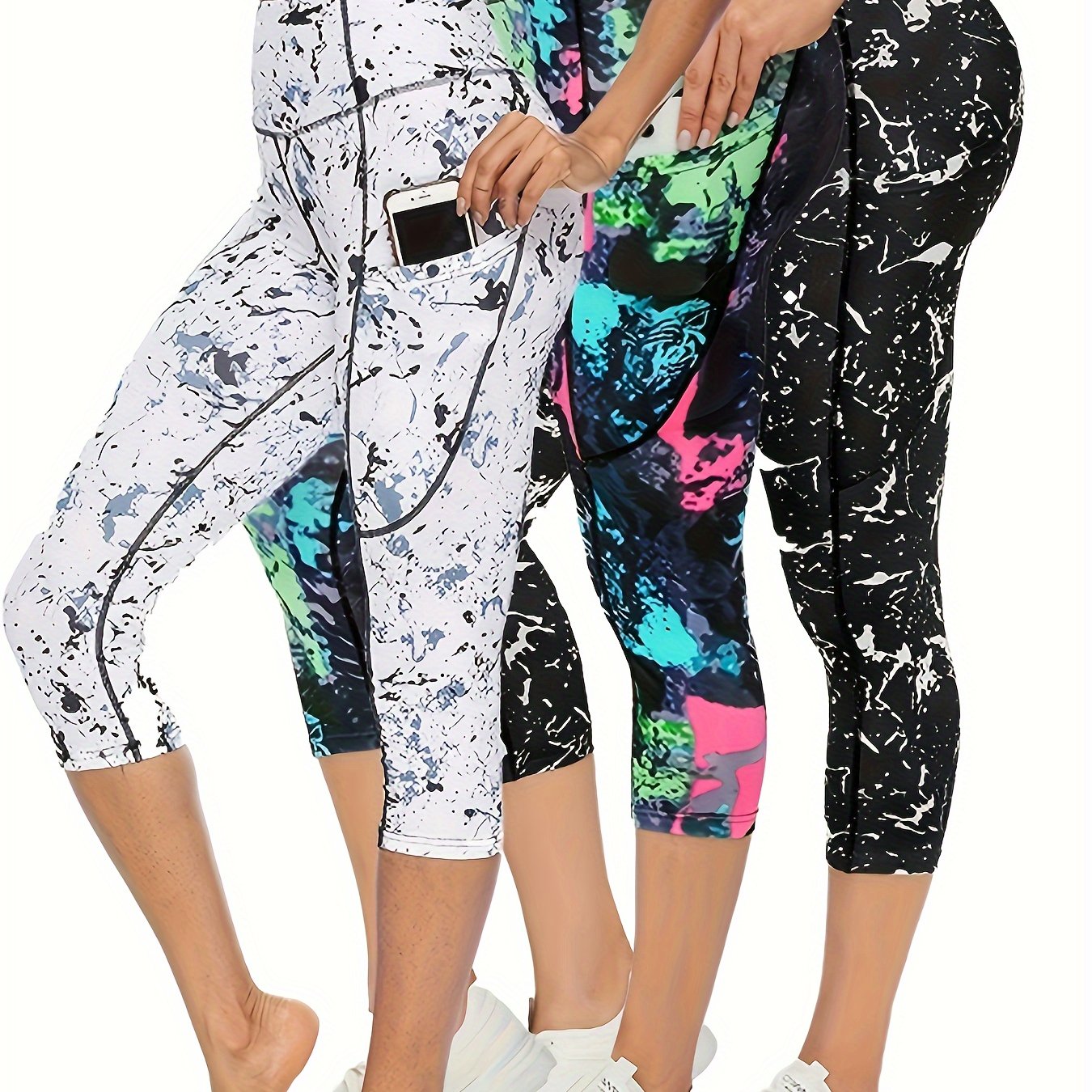 TEMU 3 Pcs Women's Graffiti Printed Yoga Capris Pants, High , , Butt Lifting, Athletic Leggings For Fitness