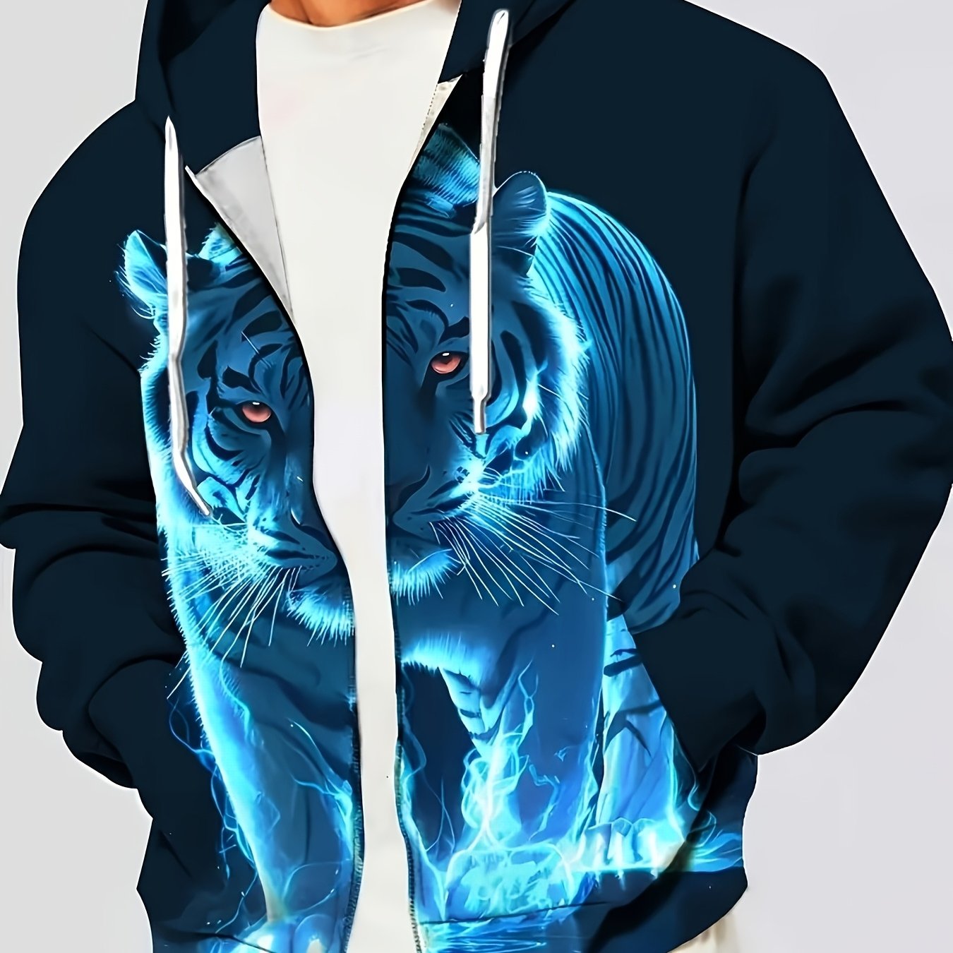 TEMU Men's Casual Hooded Jacket With Tiger Print - Zip-up Style, Polyester Material, Machine Washable - Perfect For Spring And Autumn , Plus Size