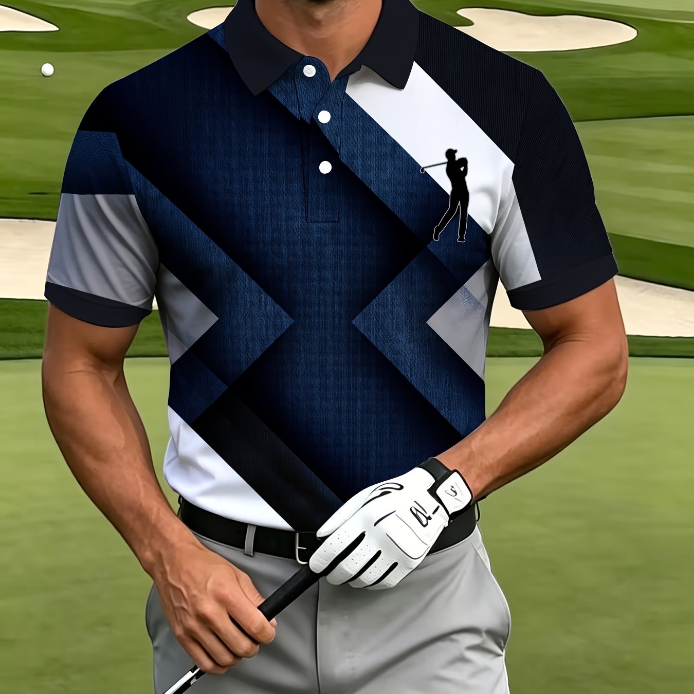 TEMU Print Design - Non-textured Men's Casual Sports Short Sleeve Shirt, Geometric And Golf Pattern Print, Polyester Fabric Machine Washable,