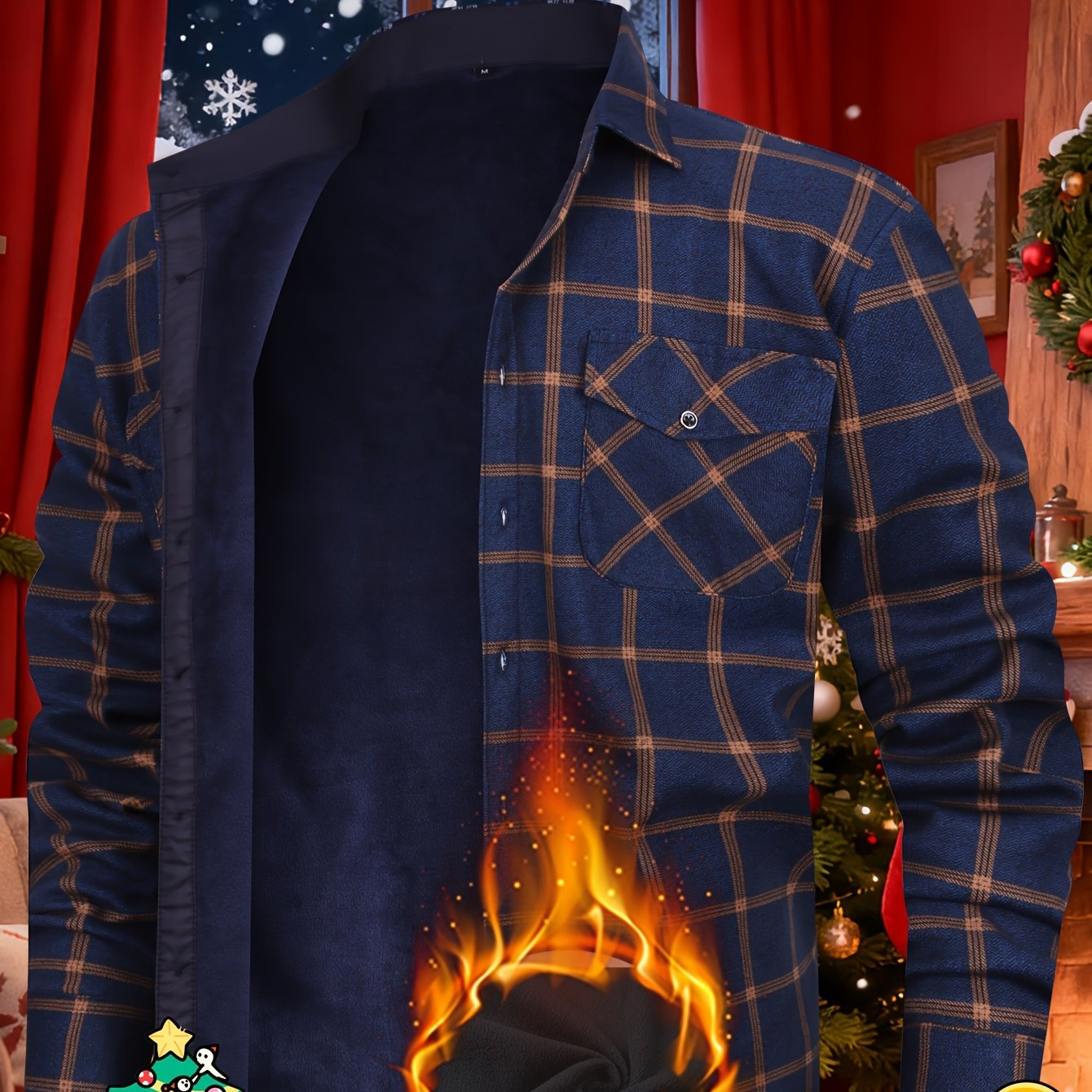 E-shop Herren Kariertes Flanell-Hemdjacke für Outdoor, Jagd, Camping, Wandern, warm gefütterte Arbeitskleidung, Freizeit-Knopfjacke mit zwei