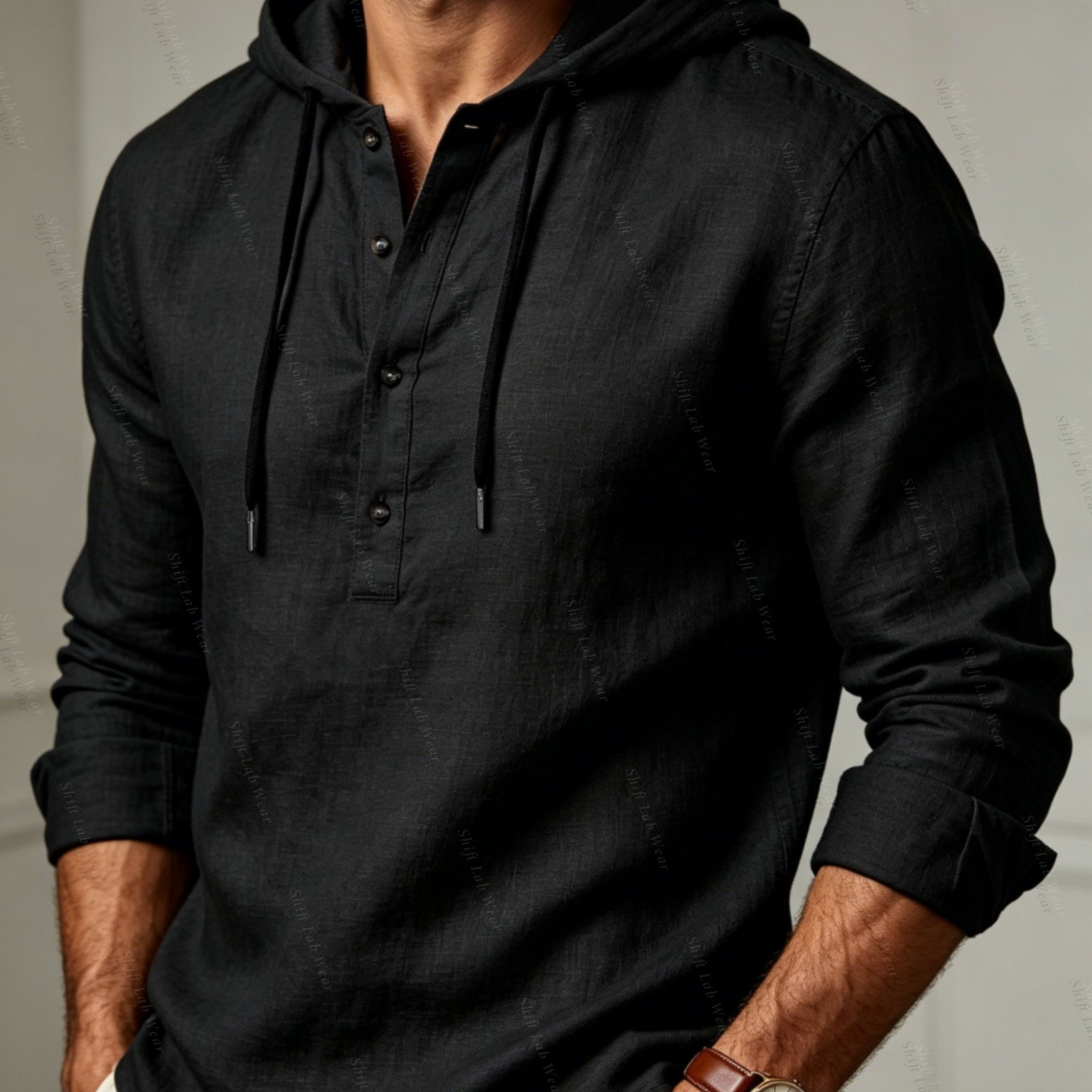 TEMU Chemise Henley à capuche et manches longues en lin de couleur unie pour homme, haut décontracté à par-dessus en tissu texturé pour /automne,