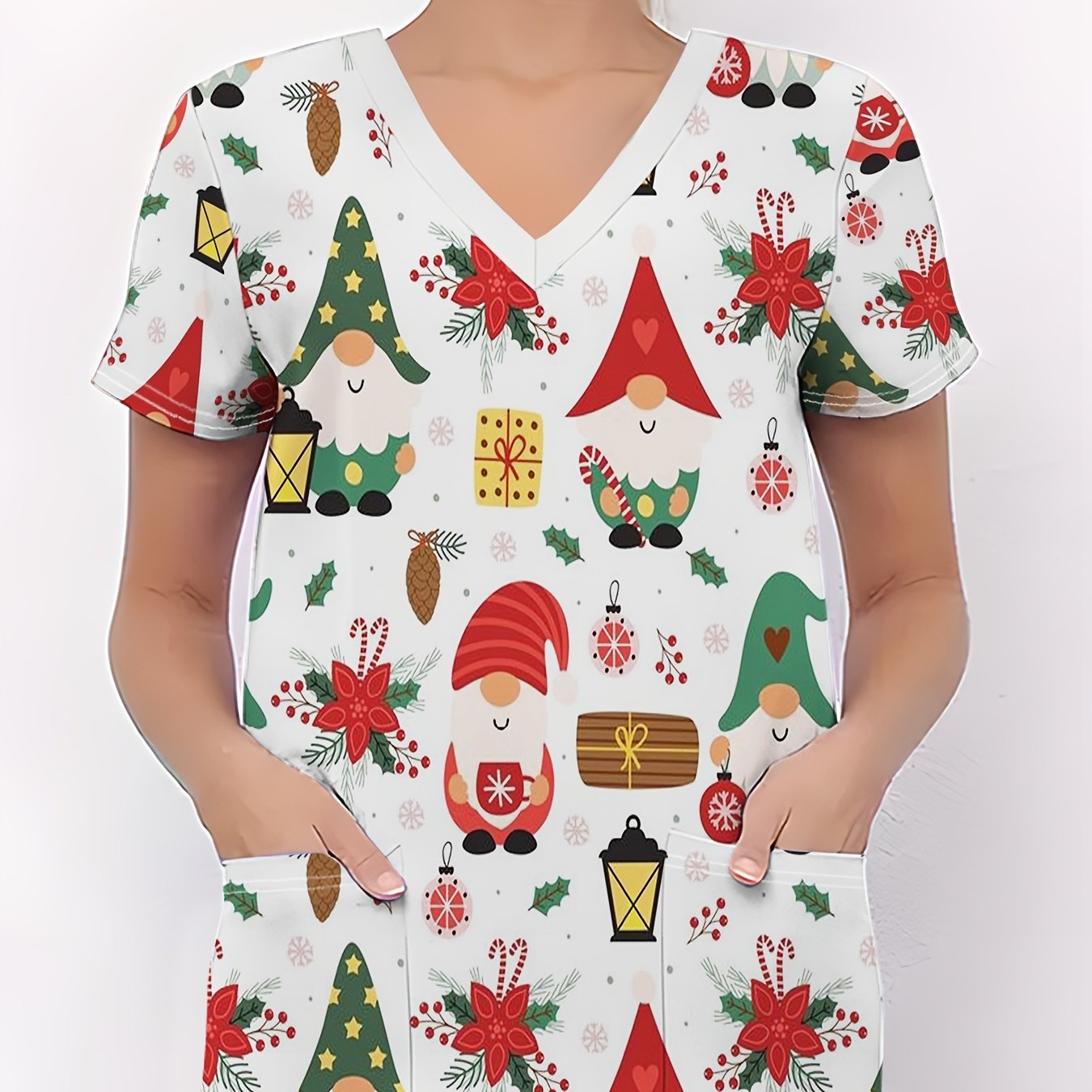 TEMU Camiseta de mujer con temática navideña, uniforme de enfermera para mujer con estampados sin costuras de elfo navideño y decoraciones festivas,