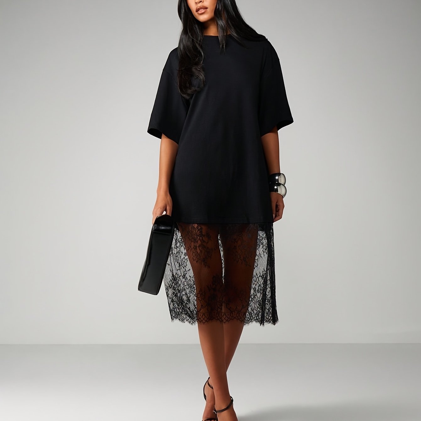 E-shop Damen Locker Elegantes Midikleid, Rundhalsausschnitt, Kurze Ärmel, Spitzensaum, Geeignet für Büro, Urlaub, Reise, Party, Shopping,