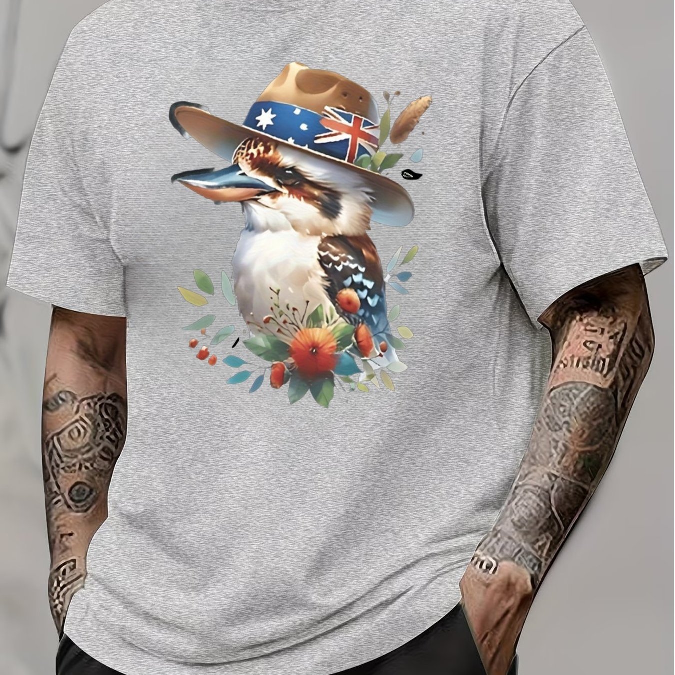 TEMU 1pc Men's & Unisex Retro Australian T-shirt With & Australian Flag Hat Design, Breathable Round Neck Tee Suitable For Casual Wear, Hiking,