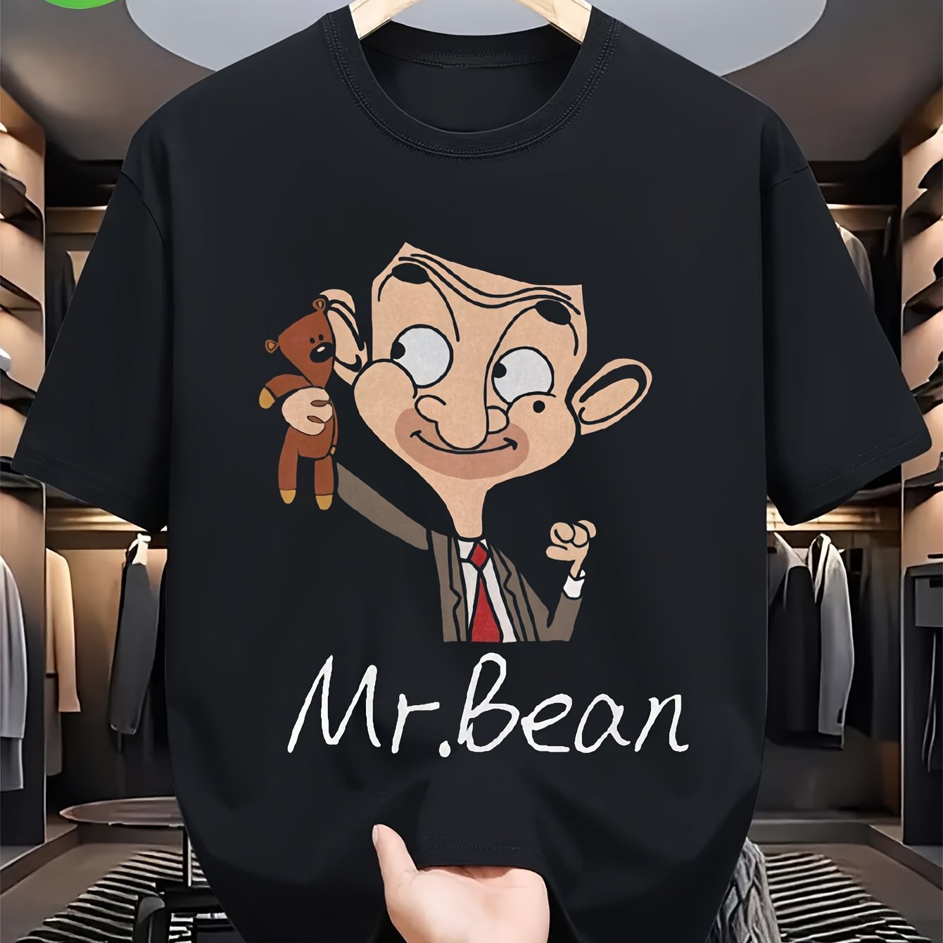 TEMU Men's Retro Cartoon Print T-shirt | Super Soft Black Loose-fitting Casual T-shirt With And Teddy Bear Designs, Breathable And Machine Washable,