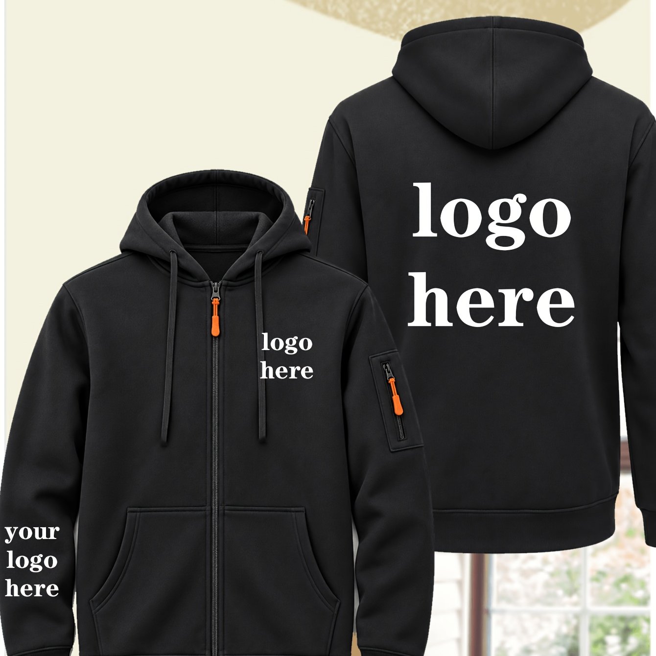 TEMU Custom 1pc Men's Black -lined Zip-up Hooded Jacket, Supports Personalized Patterns And Team Logo Customization, Fun Christmas Customization,