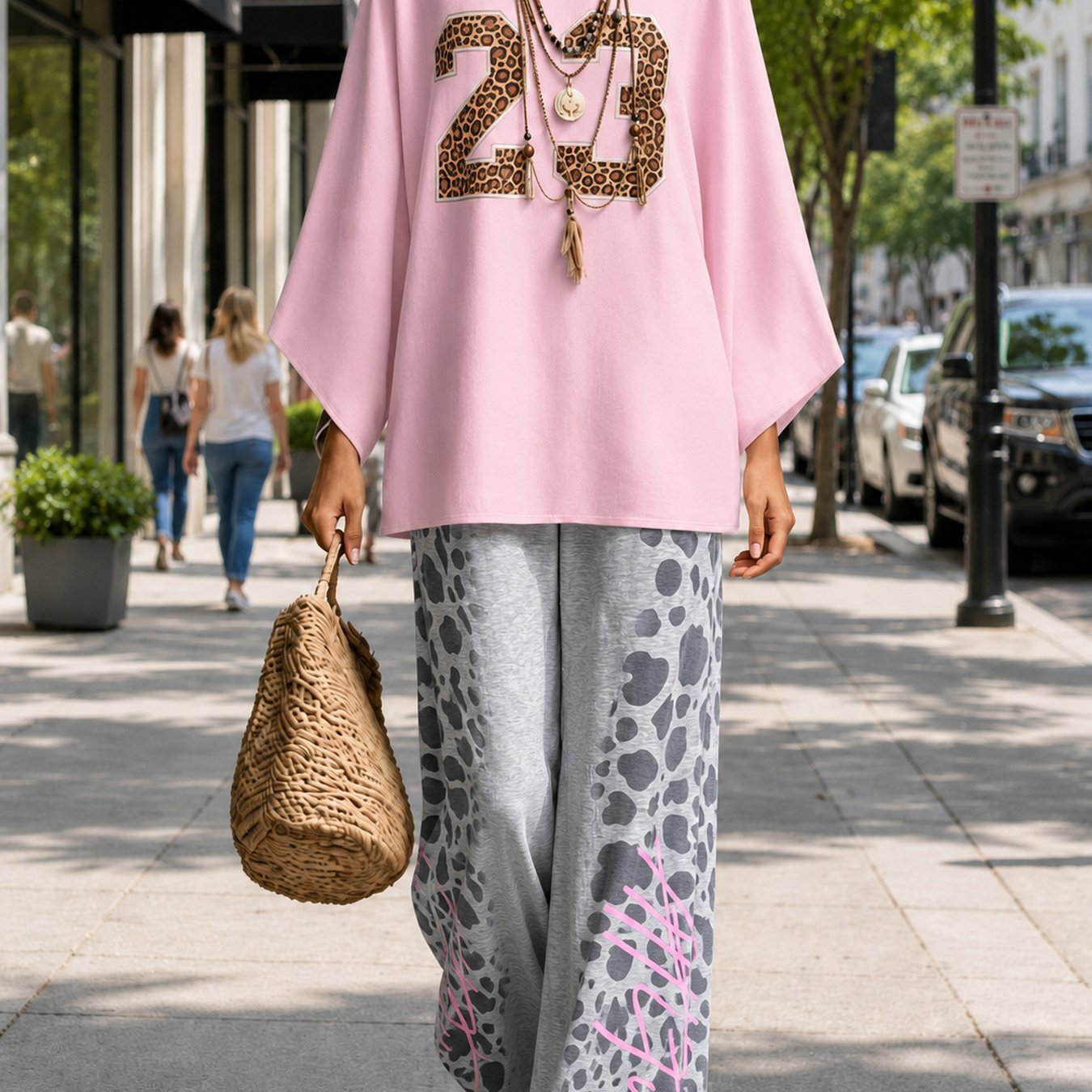 Image of Women's Casual 2pcs Set, Crew Neck Loose Batwing Sleeve Top Leopard Print Wide Leg Pants, Bohemian Outfit For Vacation Daily Wear