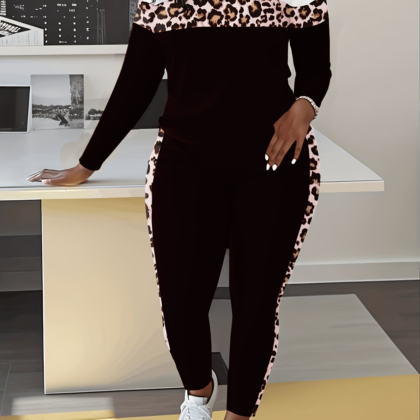 TEMU Leopard Print Spring/autumn Round Neck Long Sleeve And Long Pants 2pcs Set