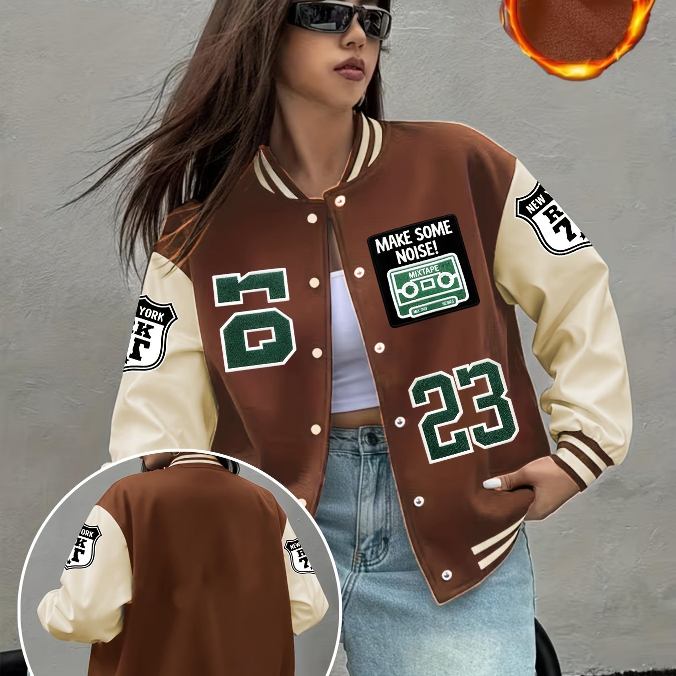 TEMU Women's Winter -lined Thickened Baseball Jacket, Loose Fit With Color Block And Letter Print, Casual Top, Trendy Outerwear