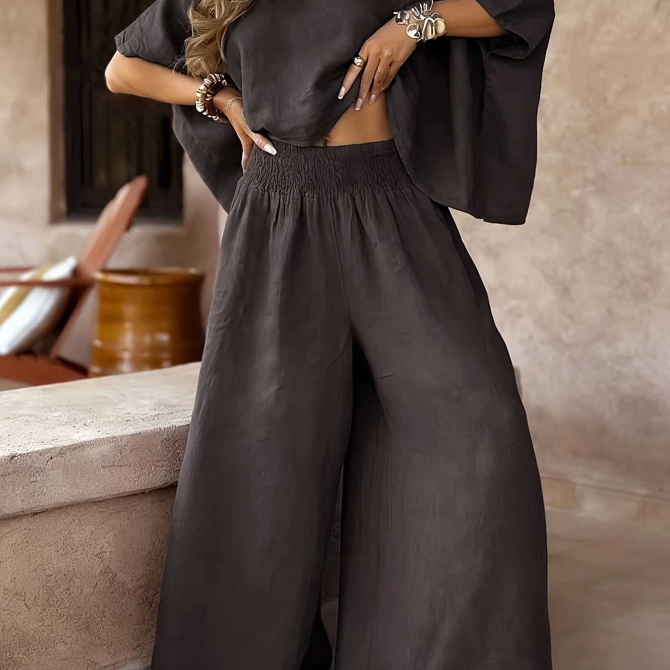 TEMU Women's 2pcs Ultra-loose Top And Wide-leg Pants Set, Women's Spring Summer Fall Flared Top And Long Pants Outfit