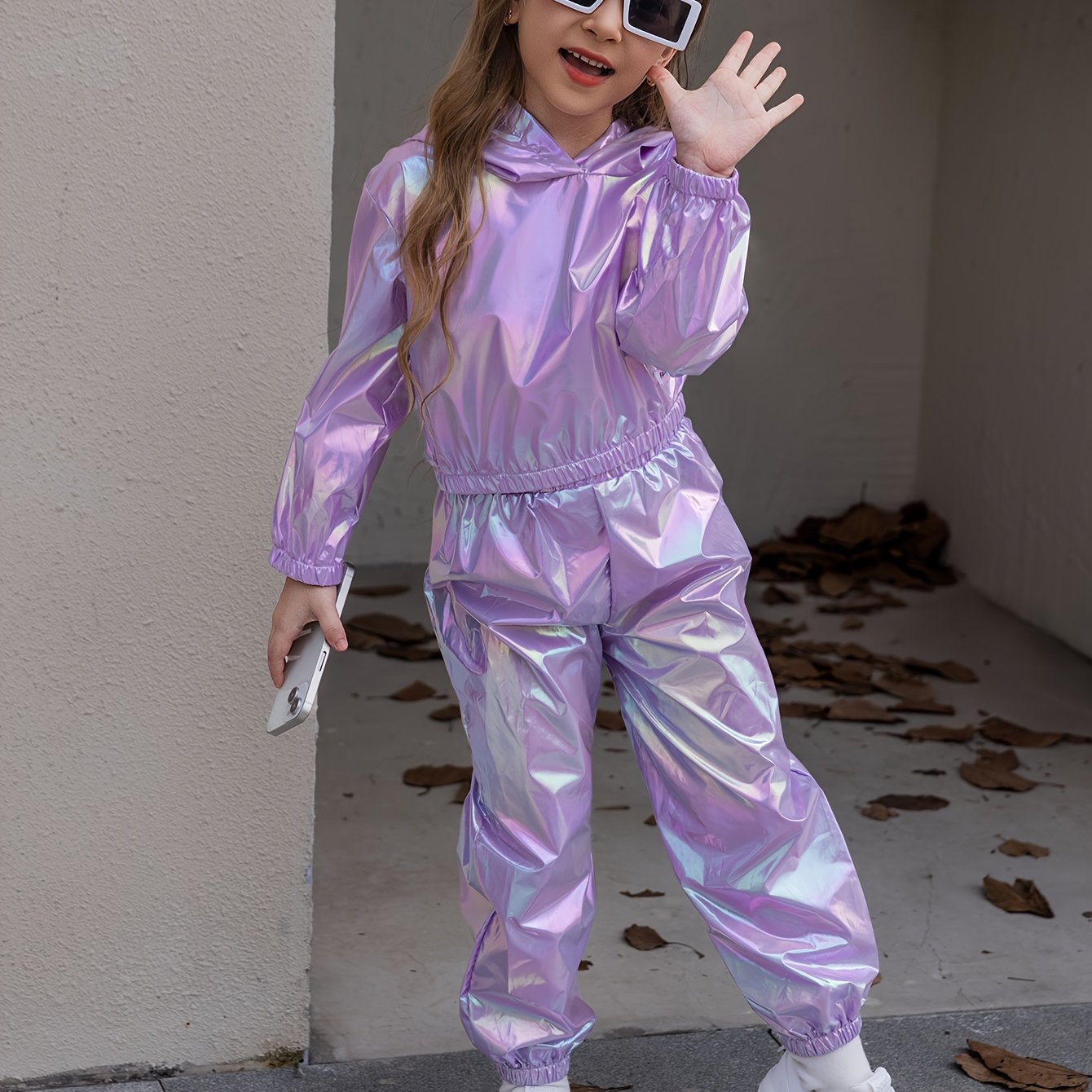 Image of Girls' Long Pants Suit Two-piece Set Spring And Autumn Style Casual Fashion Colorful Hooded Long Sleeve Top With Western Style Long Pants Two-piece Set