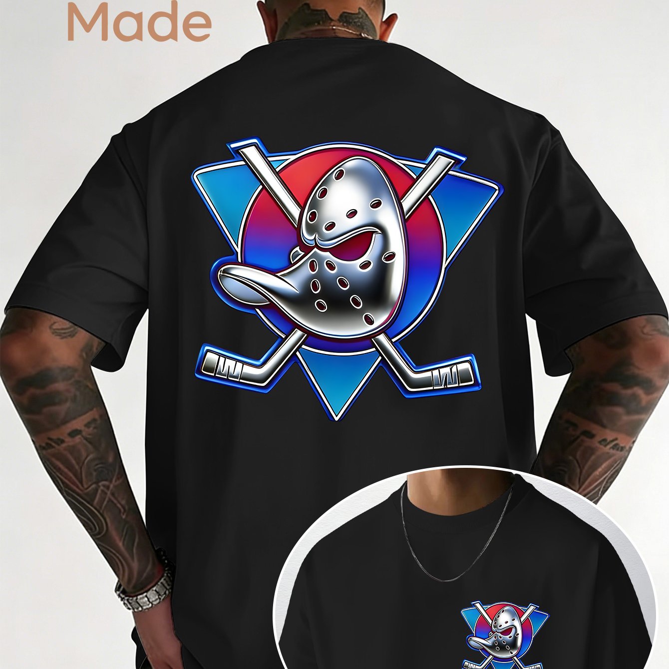 Image of Men's Ice Hockey T-shirt With Jason Mask & Hockey Stick Print - Retro Hockey Short Sleeve Tee, Knit Stretch Fabric Suitable For Ice Hockey Fans, Machine Washable Casual Wear For &, , Plus Size