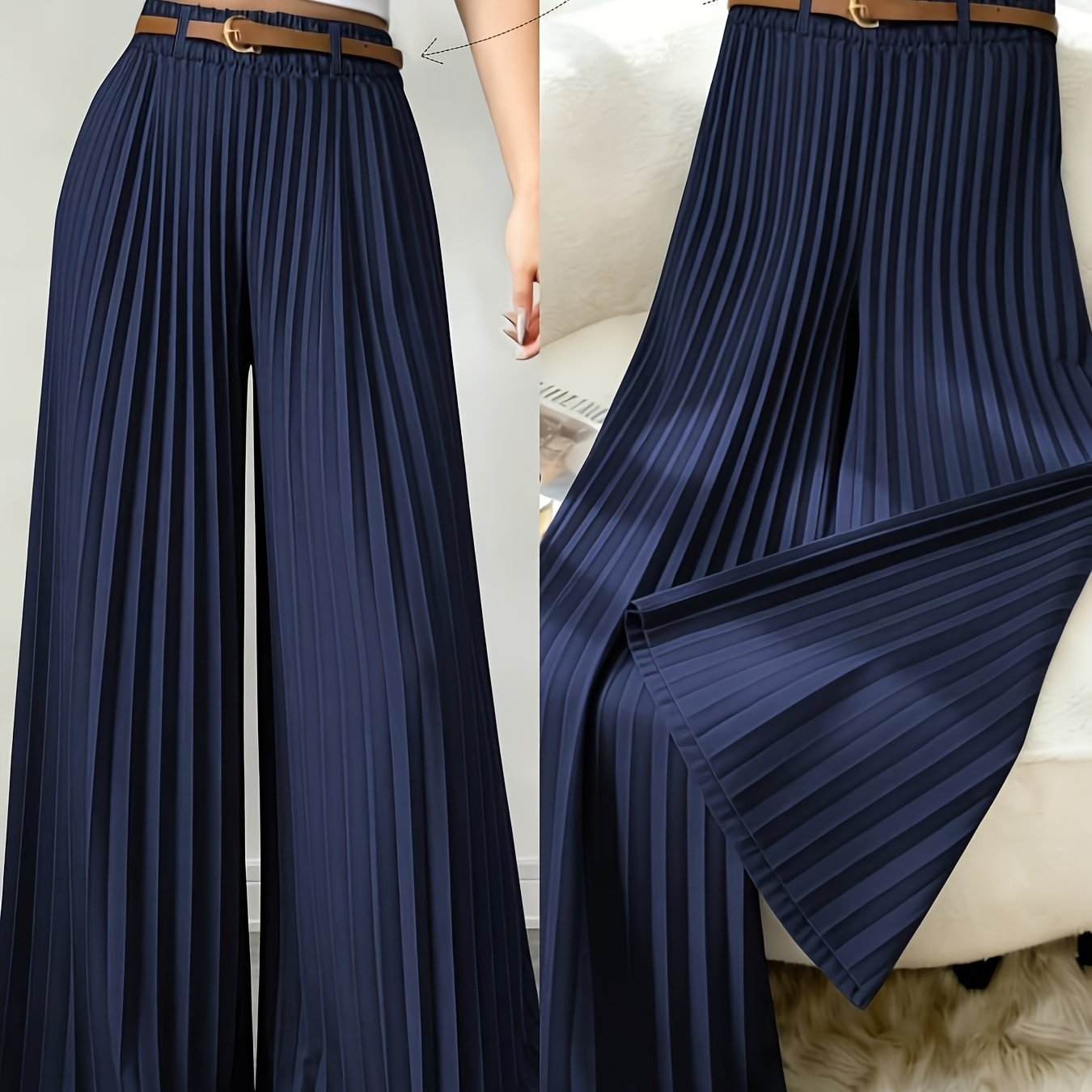 TEMU Women' Color Minimalist Pleated Casual Trousers, Simple Solid Color Flowy Wide-leg Pants, Spring, Summer, Autumn, Casual Stretch Waist Commuter