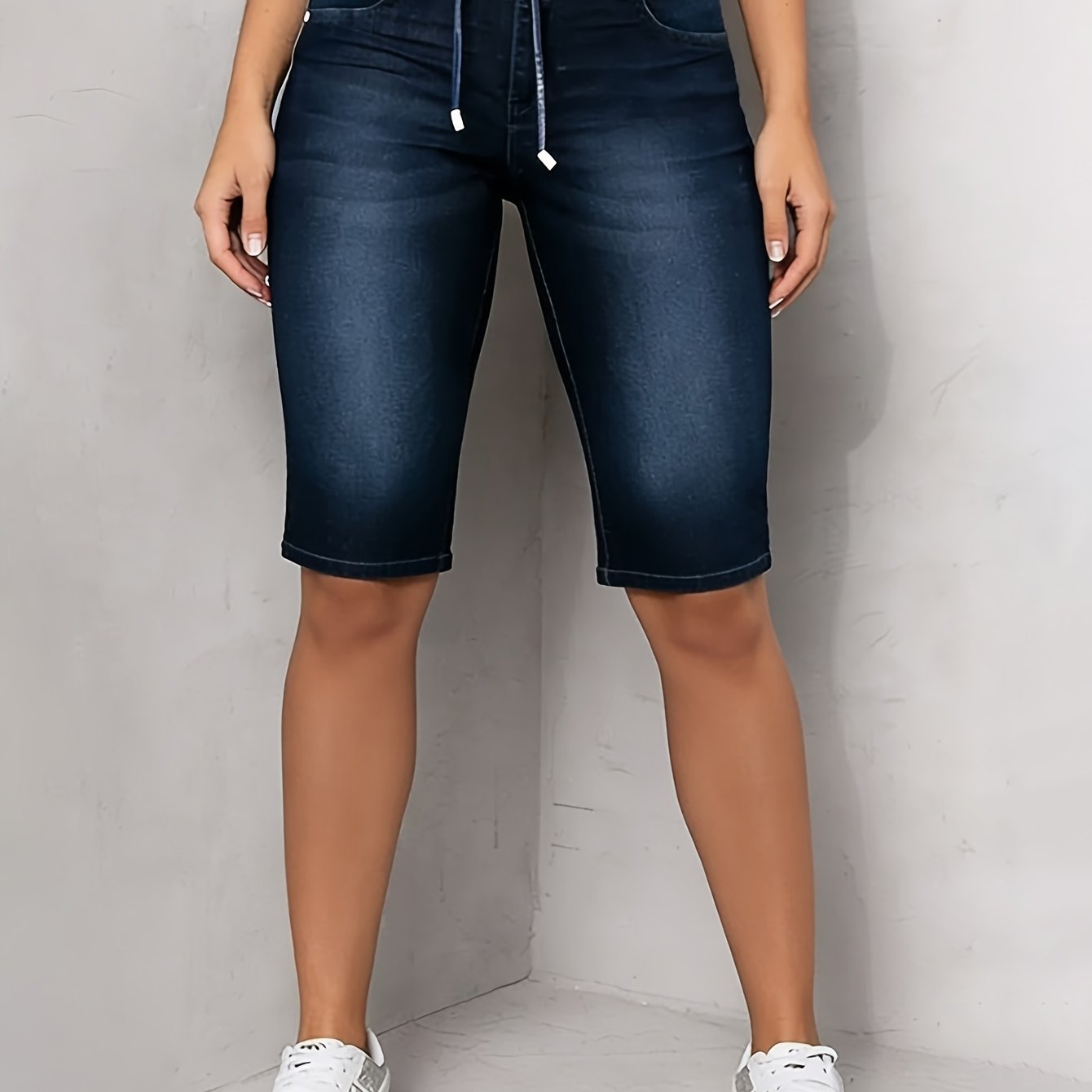 Image of European And High-waisted Drawstring 5-point Denim Shorts Are A Practical And Versatile For Spring And Summer Outfits! High-elastic Denim Fabric, Skin-friendly And Breathable