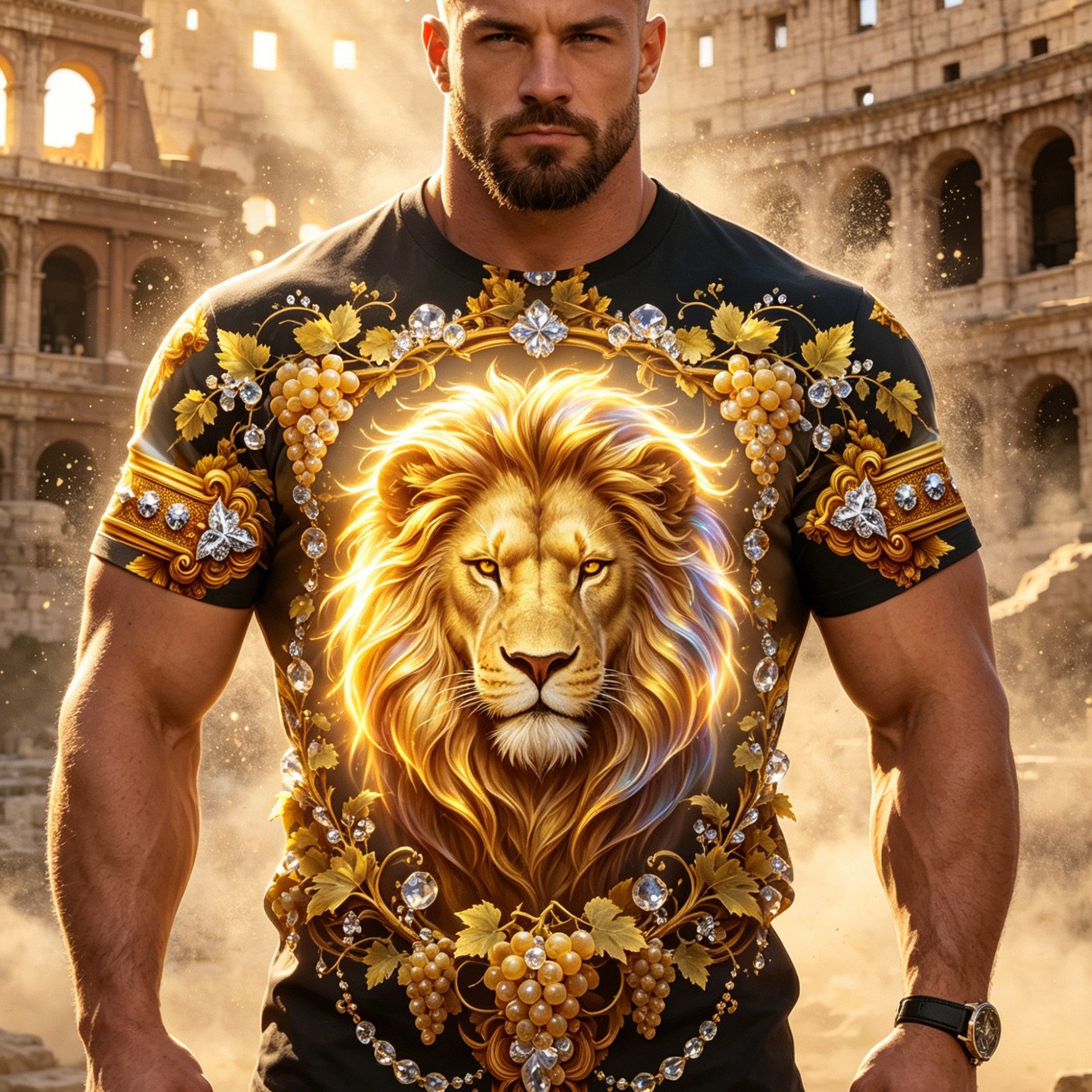 TEMU [printed Design-not Textured] Men's Summer Black And Golden Gilded Lion Printed Short Sleeve, Comfortable Breathable , Multi-scene Luxurious