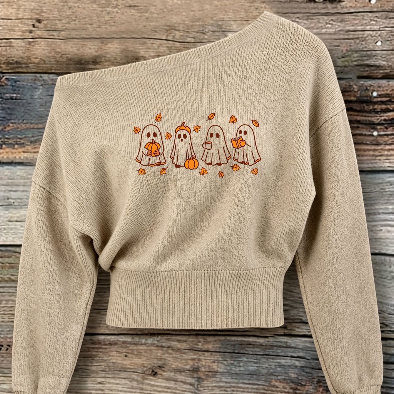 TEMU Autumn/winter Casual And Elegant Women's Off-shoulder Cropped Sweater With Pumpkin Print, Pullover Crop Top, Off-shoulder High-waist Cropped